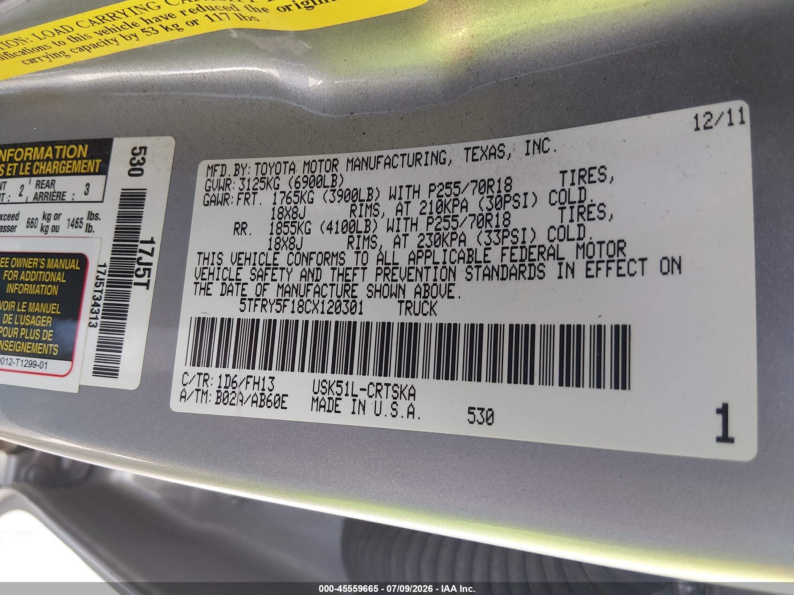2012 Toyota Tundra Grade 5.7l V8 Gray vin: 5TFRY5F18CX120301