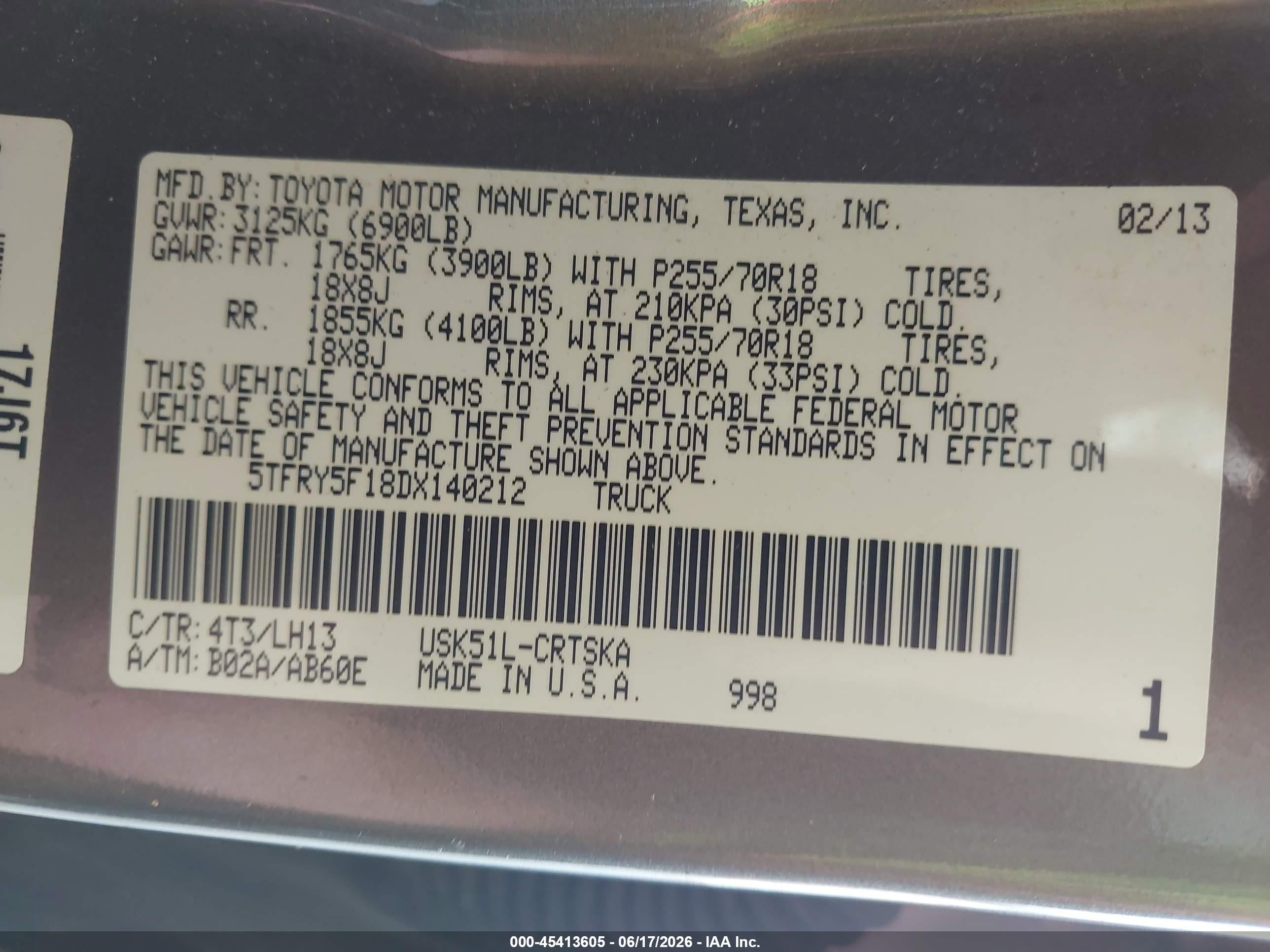 2013 Toyota Tundra Grade 5.7l V8 Brown vin: 5TFRY5F18DX140212