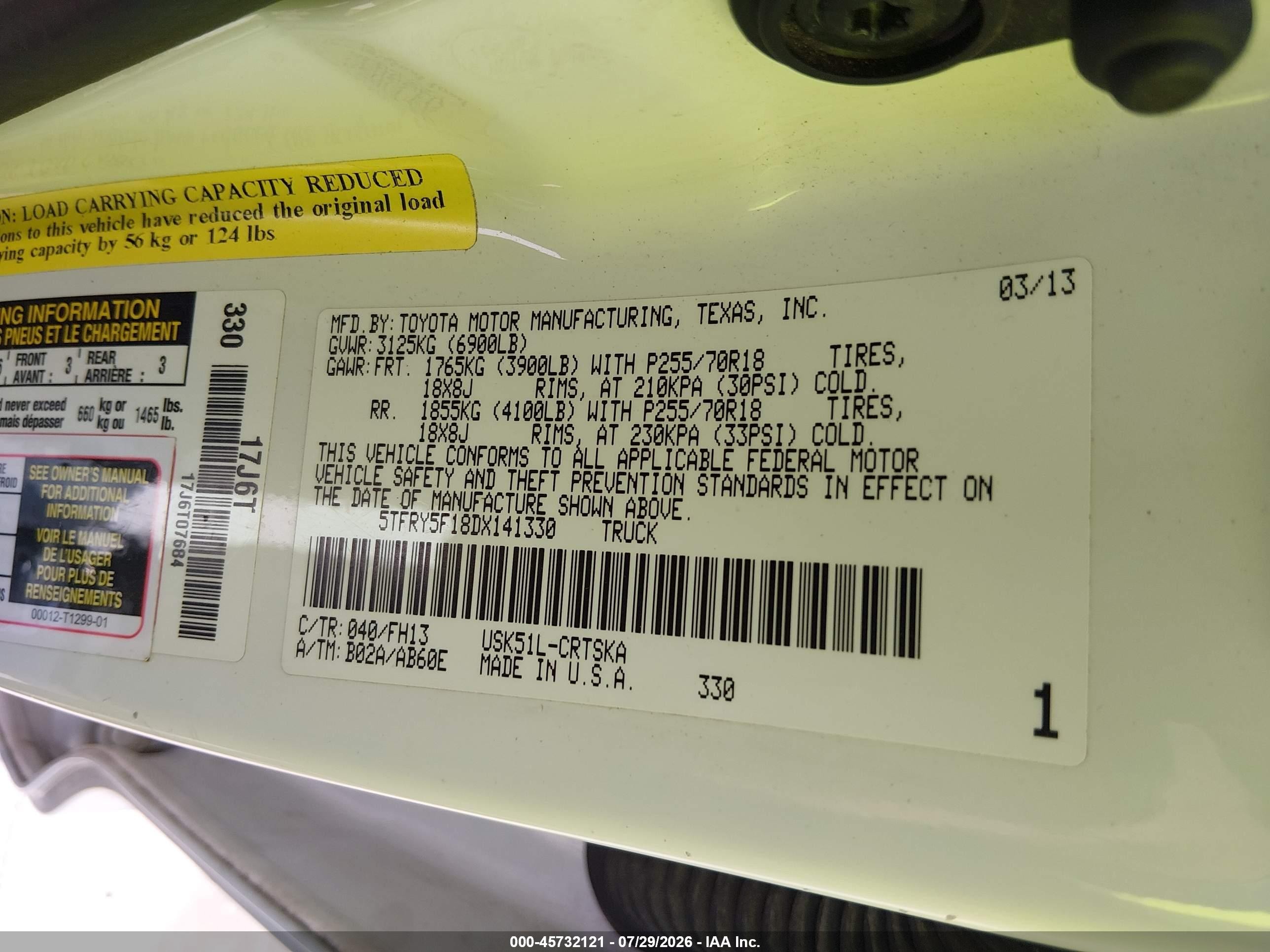 2013 Toyota Tundra Grade 5.7l V8 White vin: 5TFRY5F18DX141330