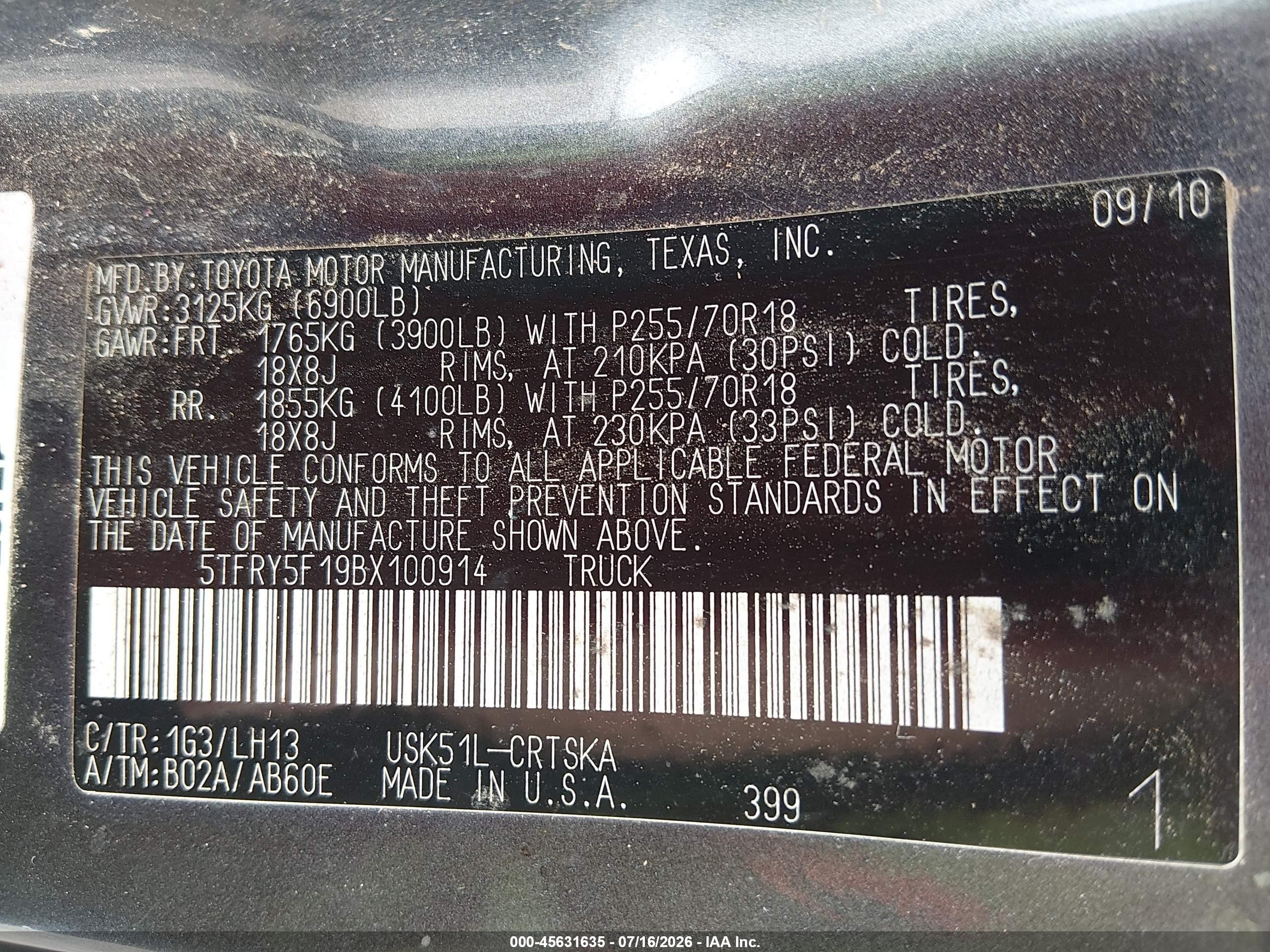 2011 Toyota Tundra Grade 5.7l V8 Черный vin: 5TFRY5F19BX100914