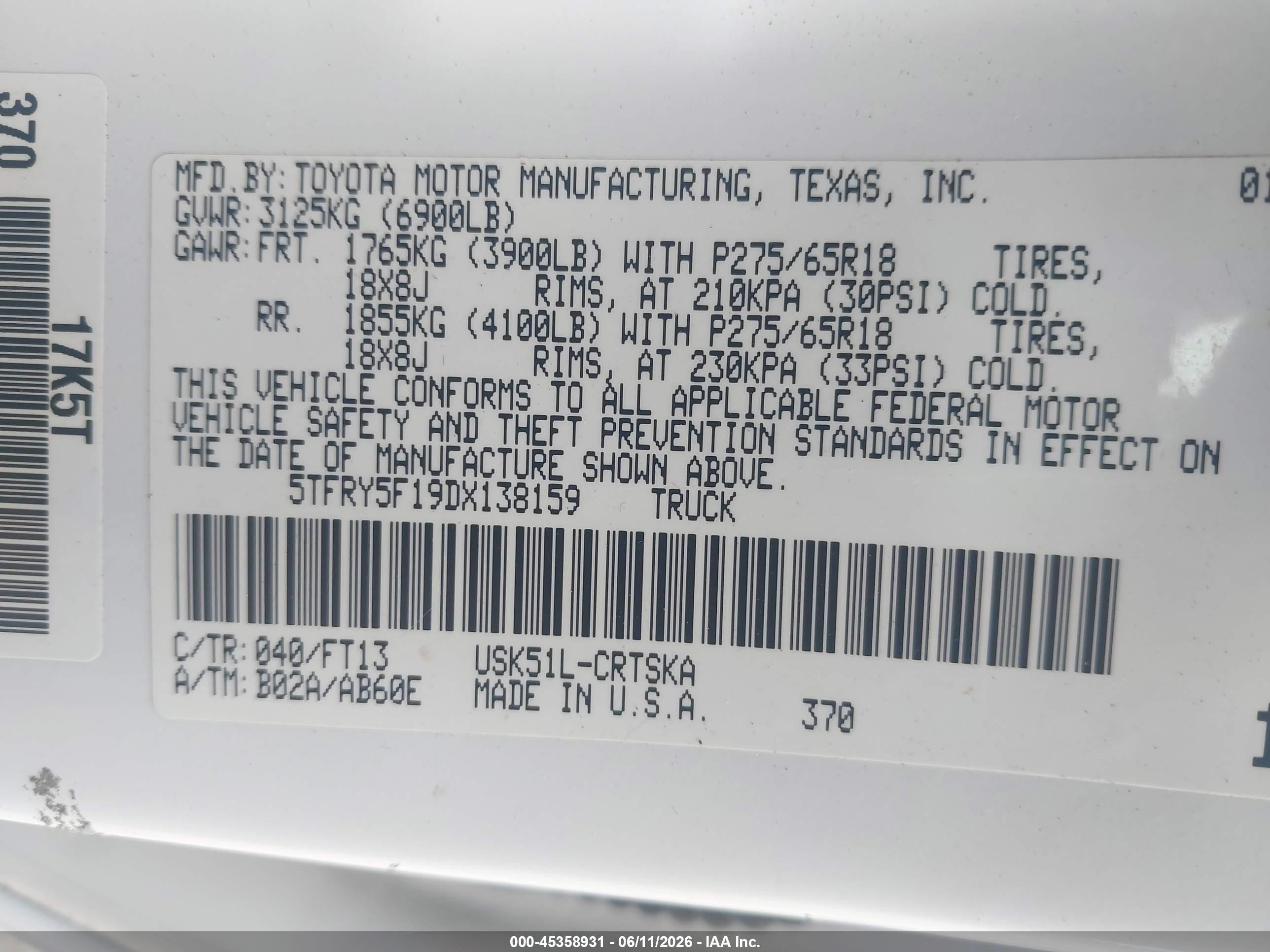 2013 Toyota Tundra Grade 5.7l V8 White vin: 5TFRY5F19DX138159