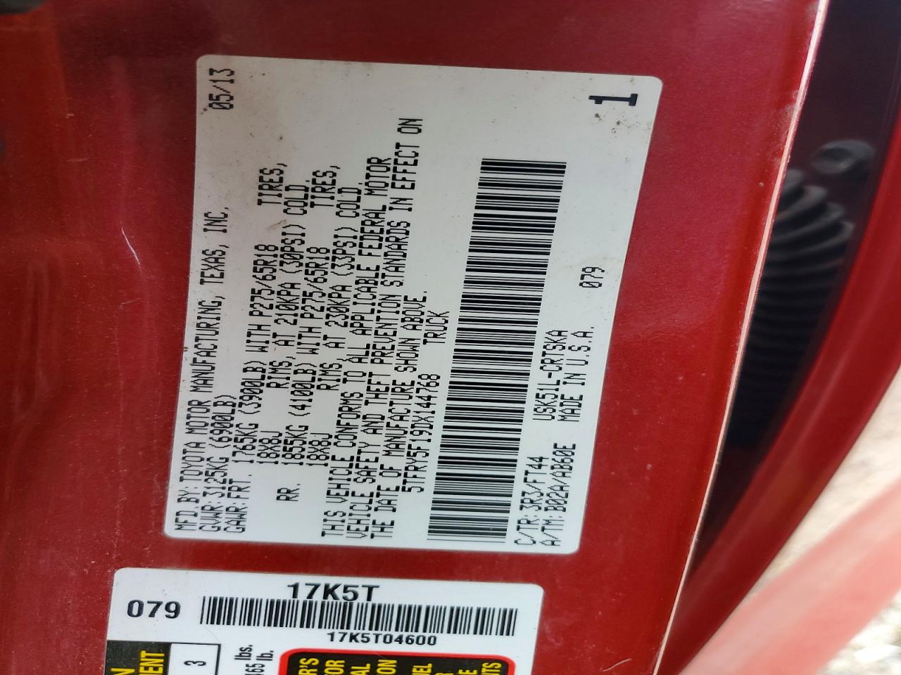 2013 Toyota Tundra Grade Red vin: 5TFRY5F19DX144768