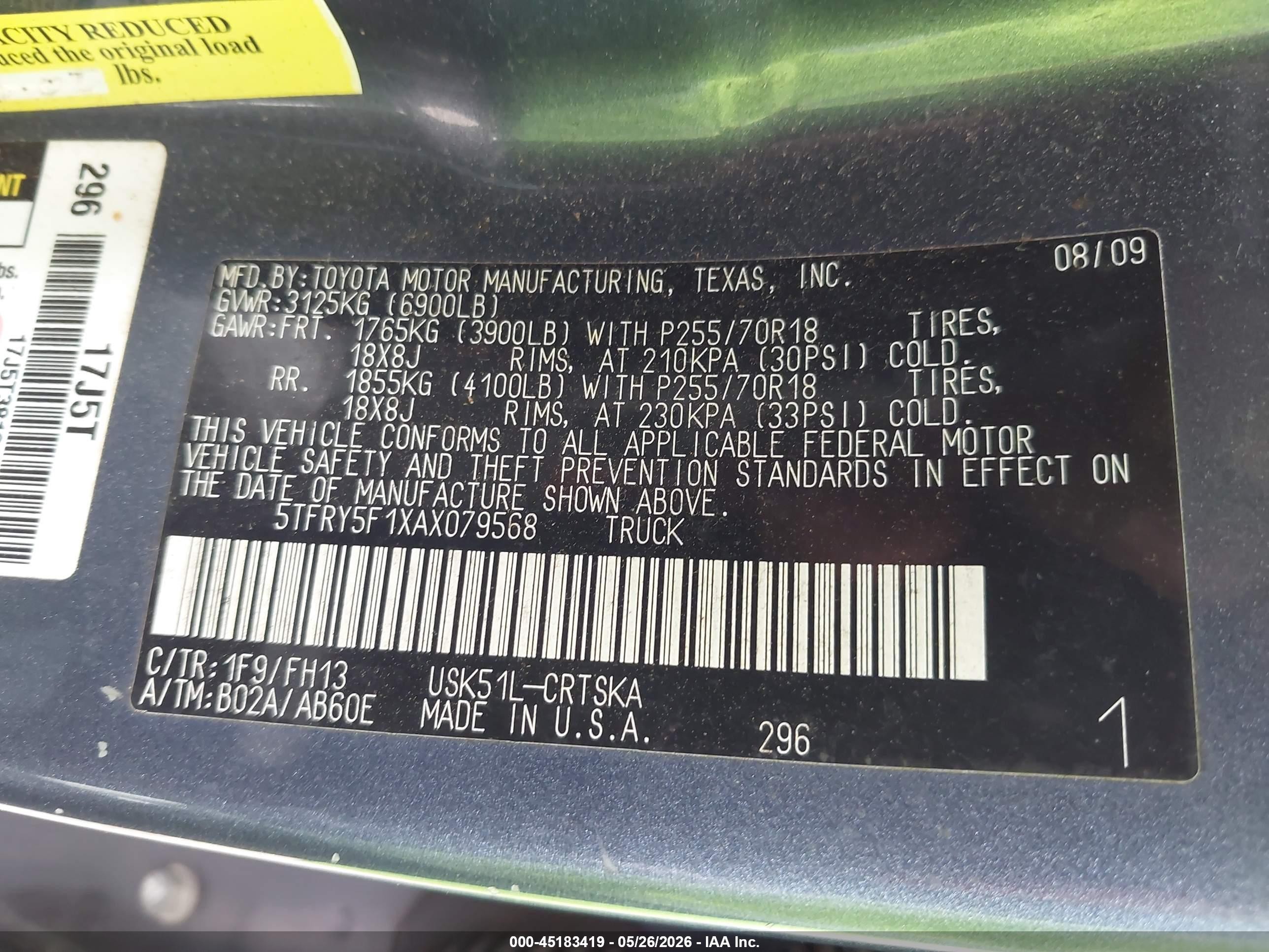 2010 Toyota Tundra Grade 5.7l V8 Gray vin: 5TFRY5F1XAX079568
