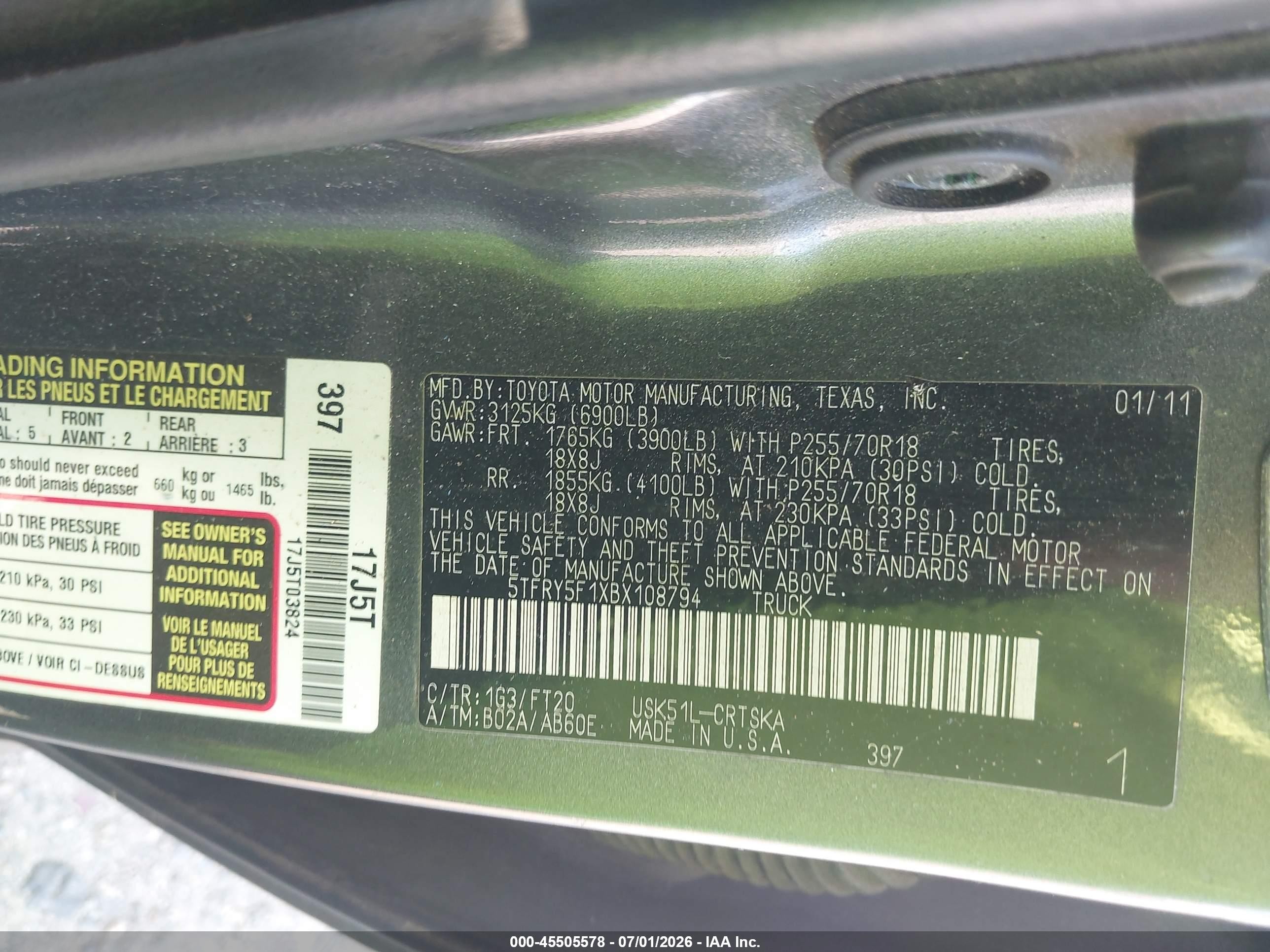 2011 Toyota Tundra Grade 5.7l V8 Gray vin: 5TFRY5F1XBX108794