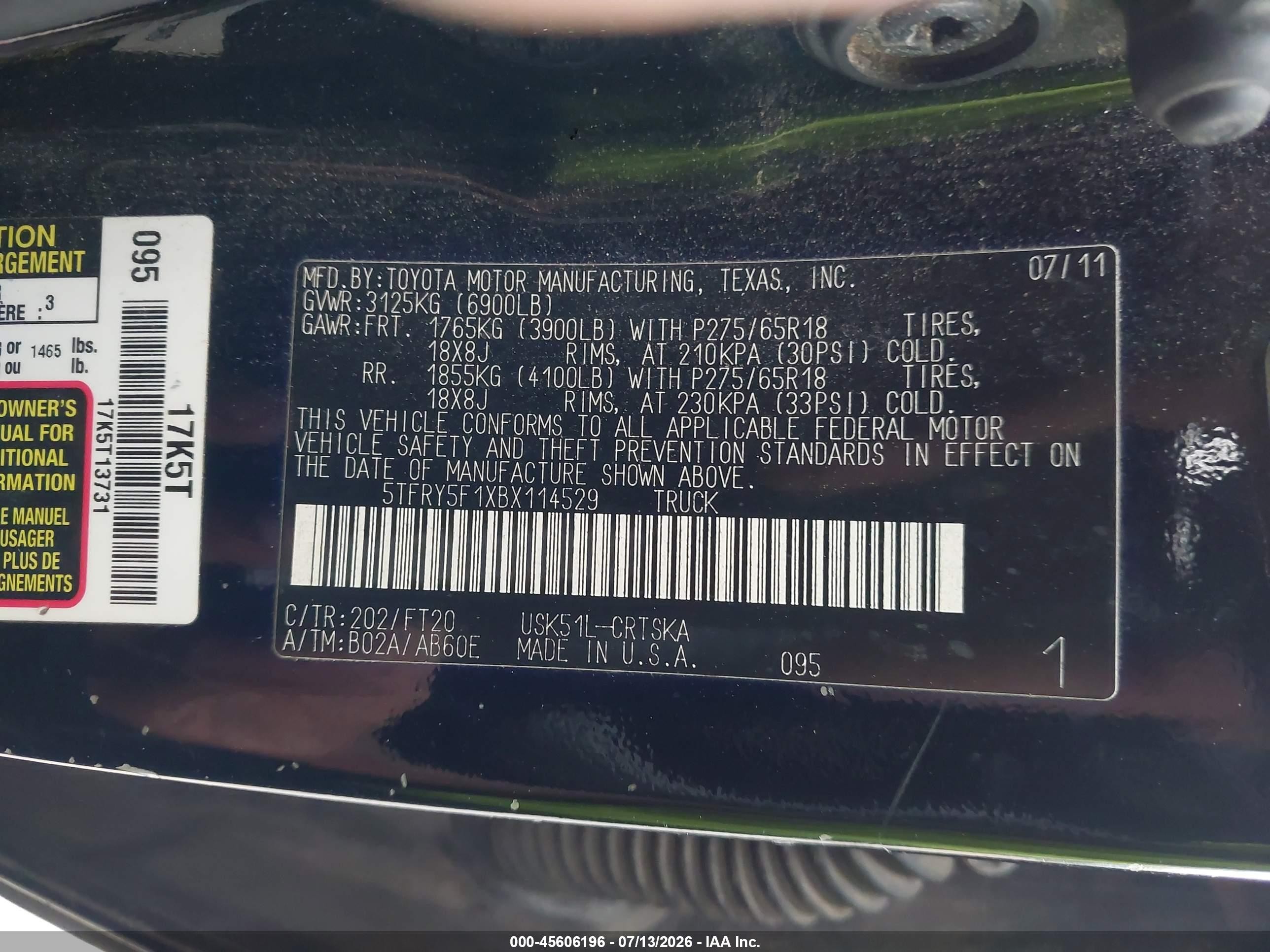 2011 Toyota Tundra Grade 5.7l V8 Black vin: 5TFRY5F1XBX114529