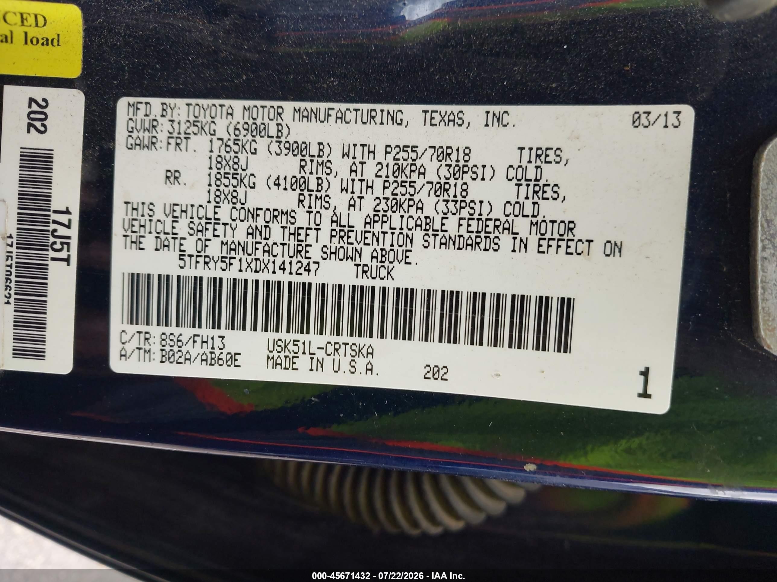 2013 Toyota Tundra Grade 5.7l V8 Dark Blue vin: 5TFRY5F1XDX141247