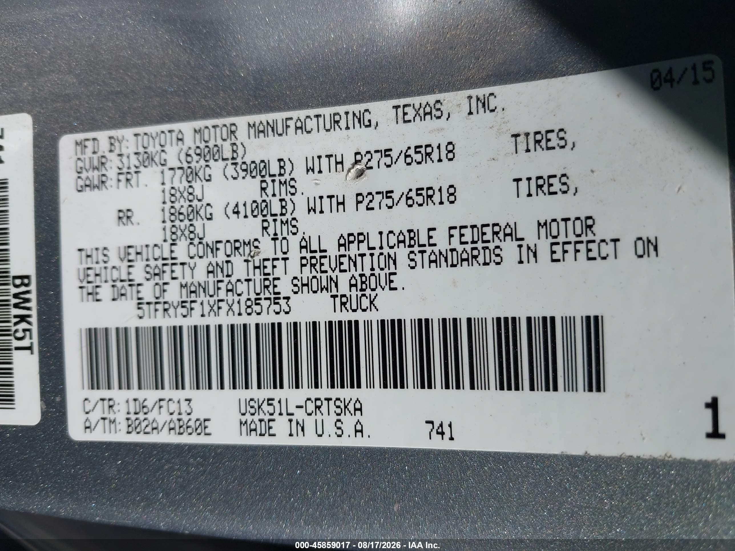 2015 Toyota Tundra Sr5 5.7l V8 Silver vin: 5TFRY5F1XFX185753