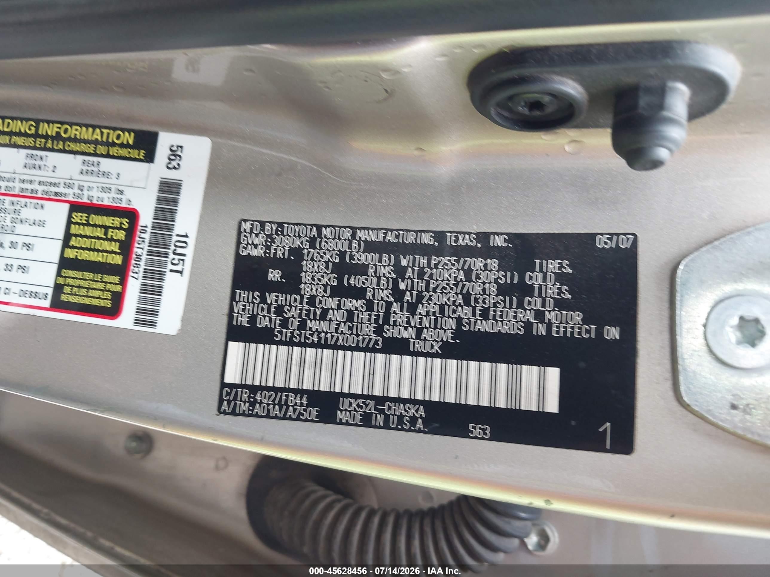 2007 Toyota Tundra Sr5 4.7l V8 Gold vin: 5TFST54117X001773