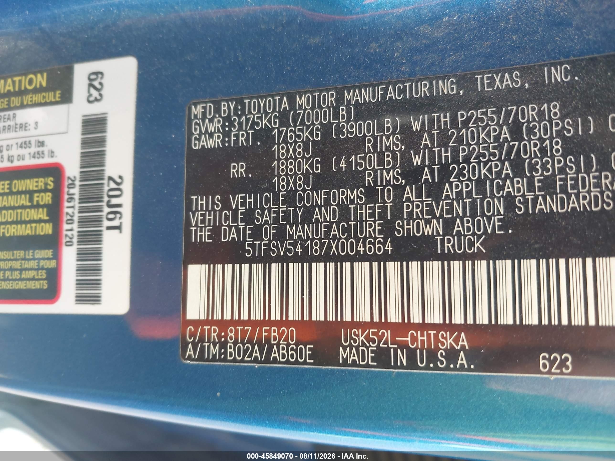 2007 Toyota Tundra Sr5 5.7l V8 Blue vin: 5TFSV54187X004664