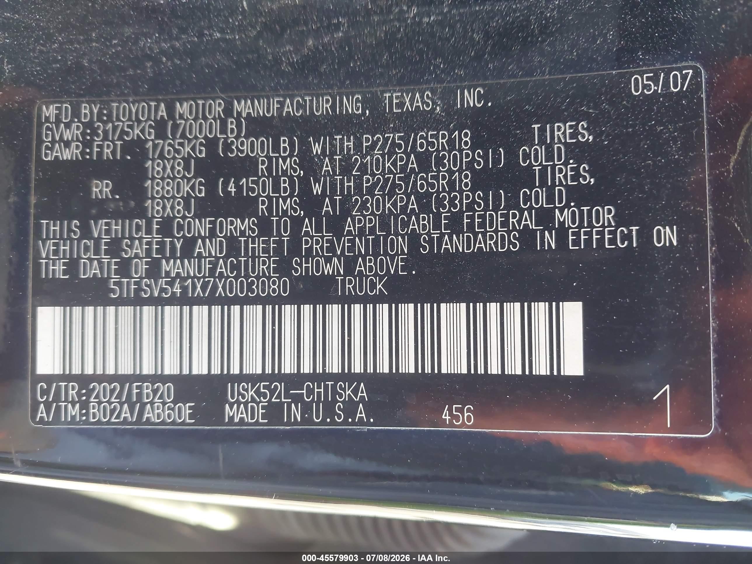 2007 Toyota Tundra Sr5 5.7l V8 Black vin: 5TFSV541X7X003080