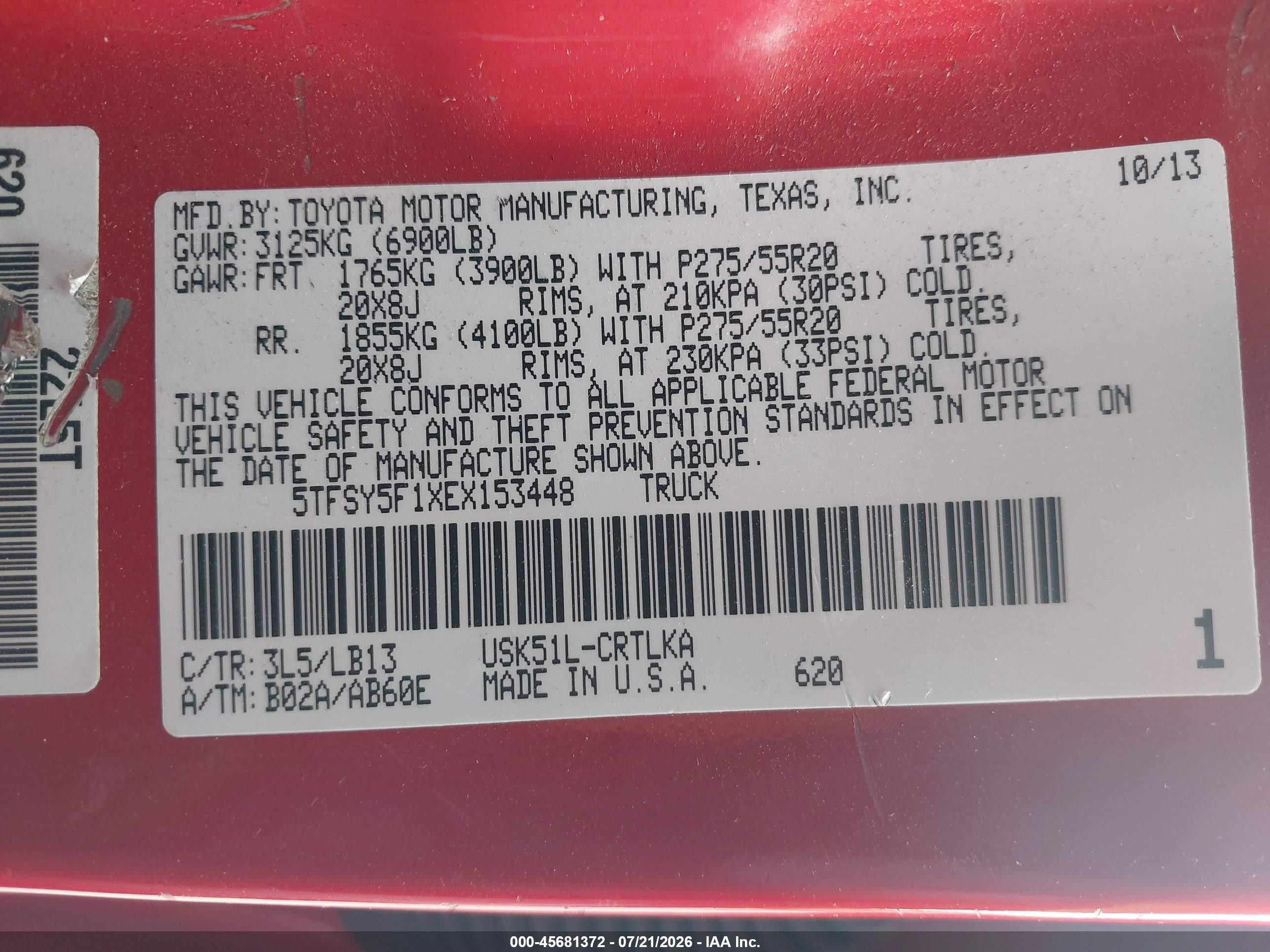 2014 Toyota Tundra Limited 5.7l V8 Red vin: 5TFSY5F1XEX153448