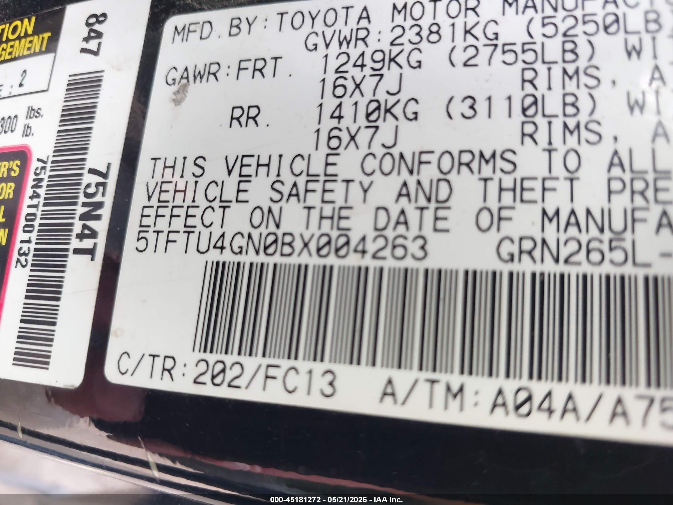 2011 Toyota Tacoma Prerunner V6 Black vin: 5TFTU4GN0BX004263