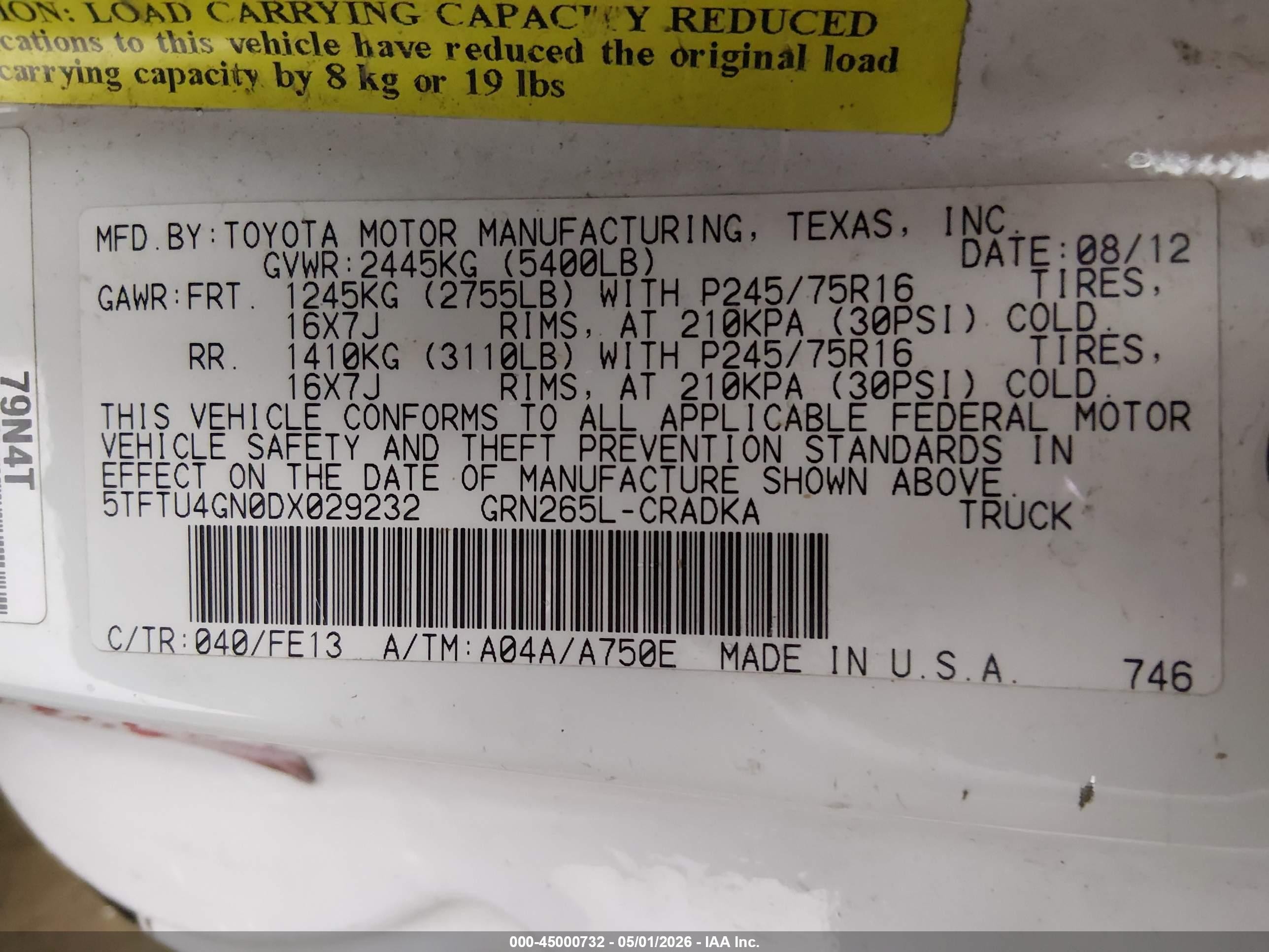 2013 Toyota Tacoma Prerunner V6 White vin: 5TFTU4GN0DX029232