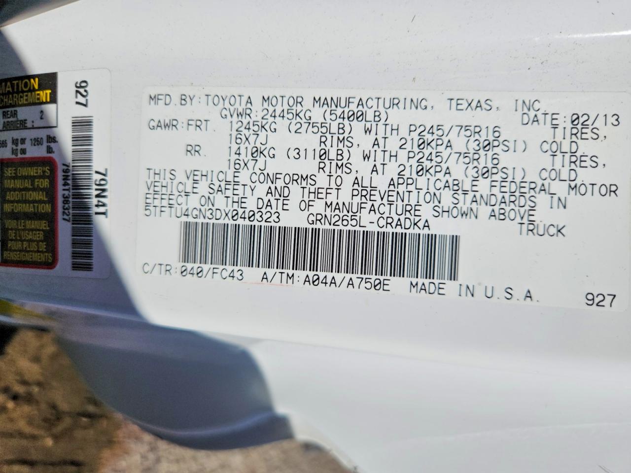 2013 Toyota Tacoma Prerunner V6 White vin: 5TFTU4GN3DX040323