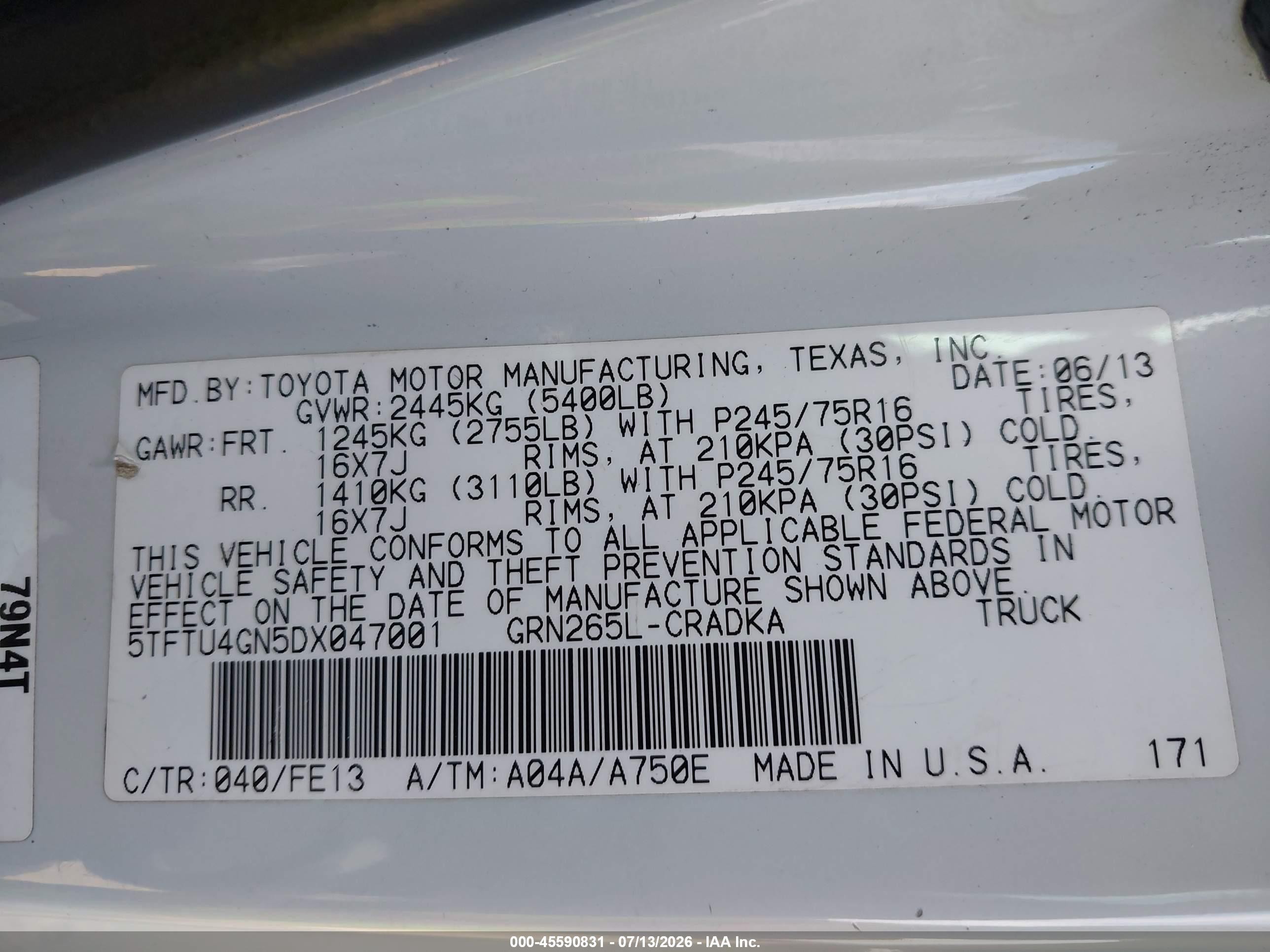 2013 Toyota Tacoma Prerunner V6 Green vin: 5TFTU4GN5DX047001