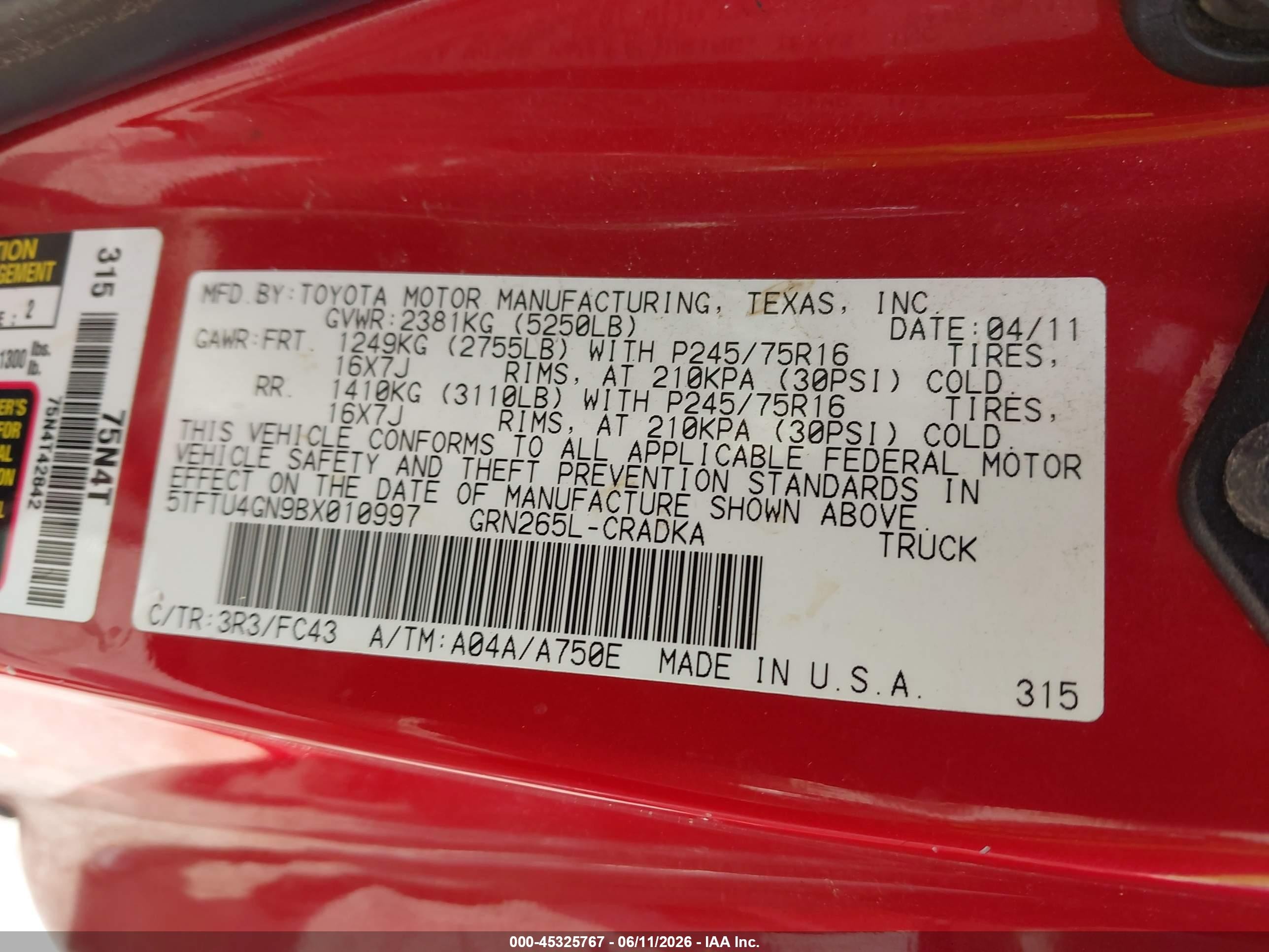 2011 Toyota Tacoma Prerunner V6 Red vin: 5TFTU4GN9BX010997