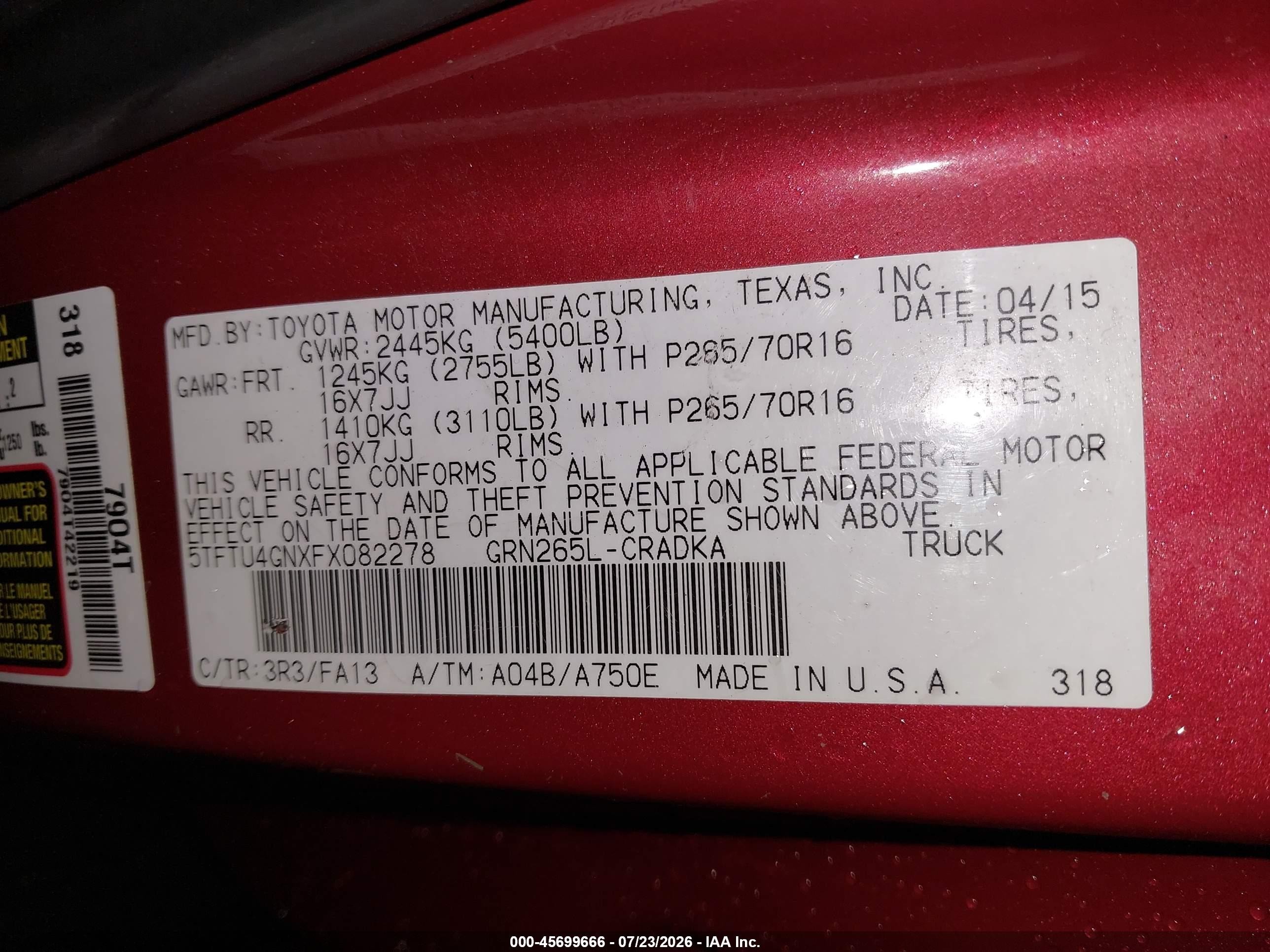 2015 Toyota Tacoma Prerunner V6 Red vin: 5TFTU4GNXFX082278