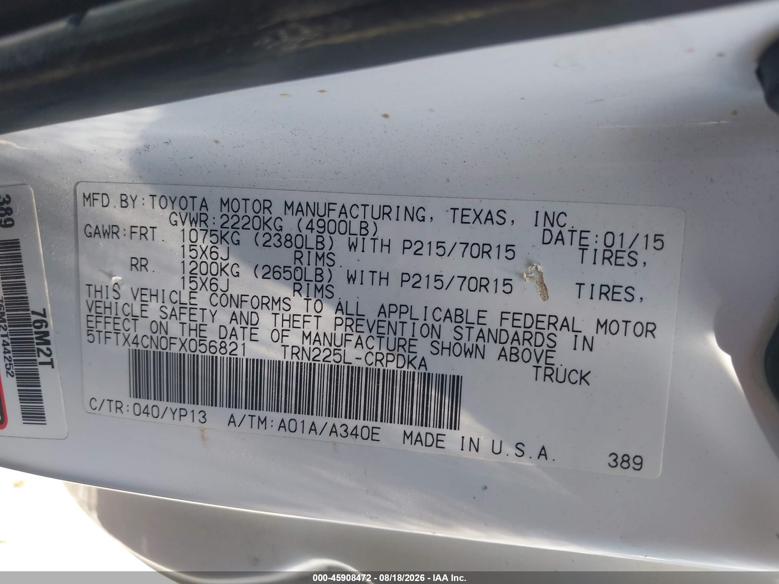 2015 Toyota Tacoma   White vin: 5TFTX4CN0FX056821