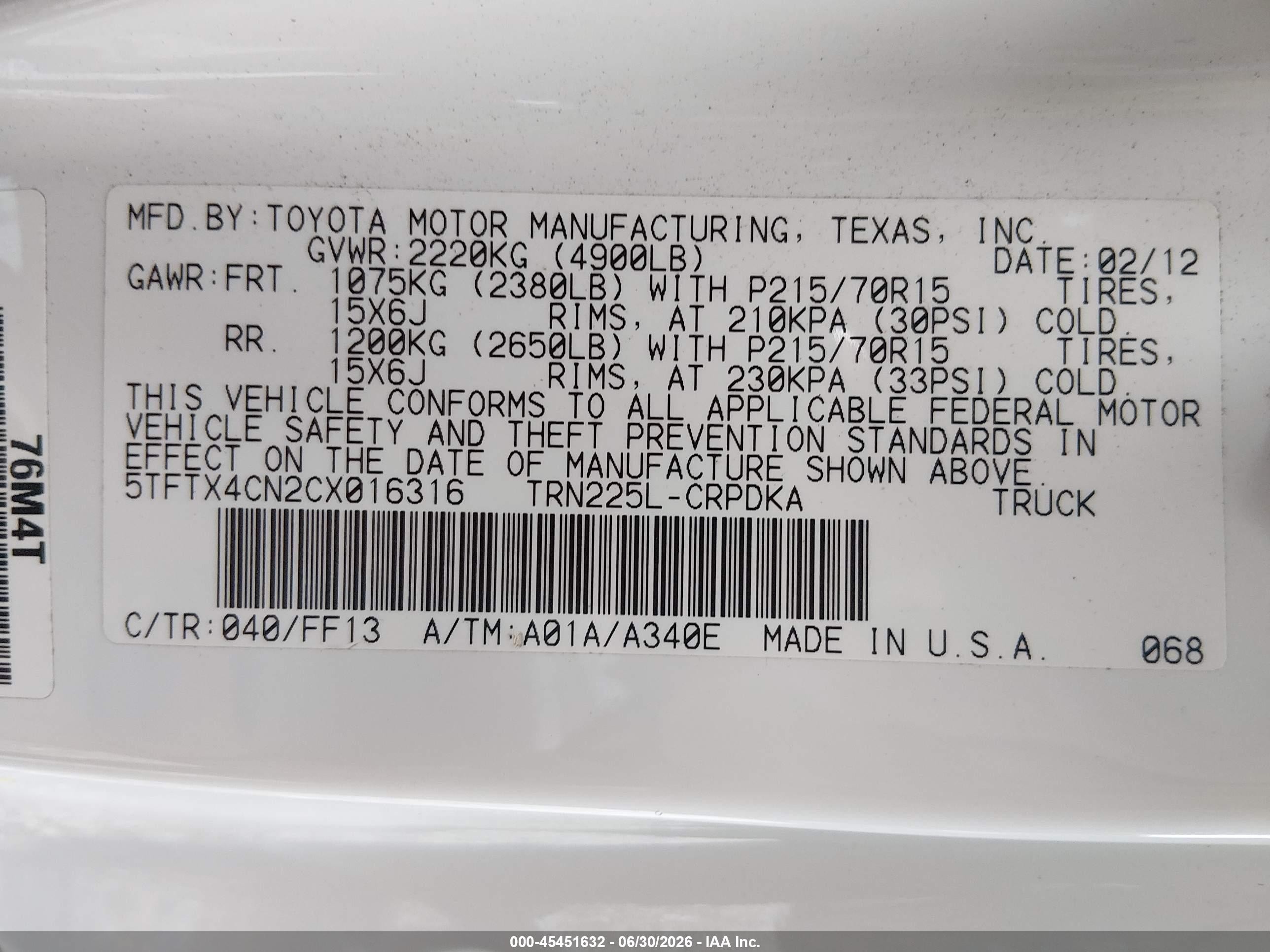 2012 Toyota Tacoma   White vin: 5TFTX4CN2CX016316