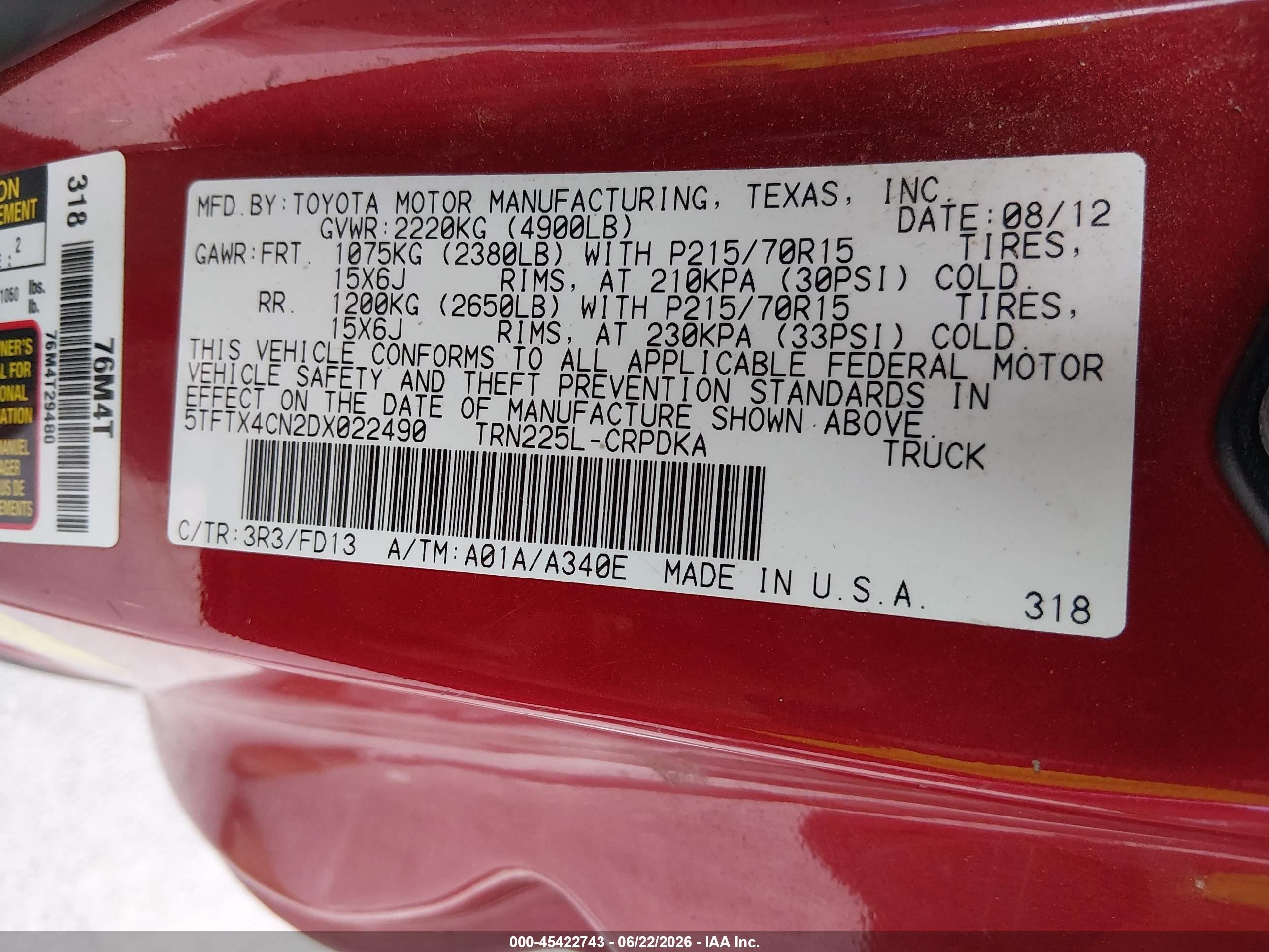 2013 Toyota Tacoma   Red vin: 5TFTX4CN2DX022490