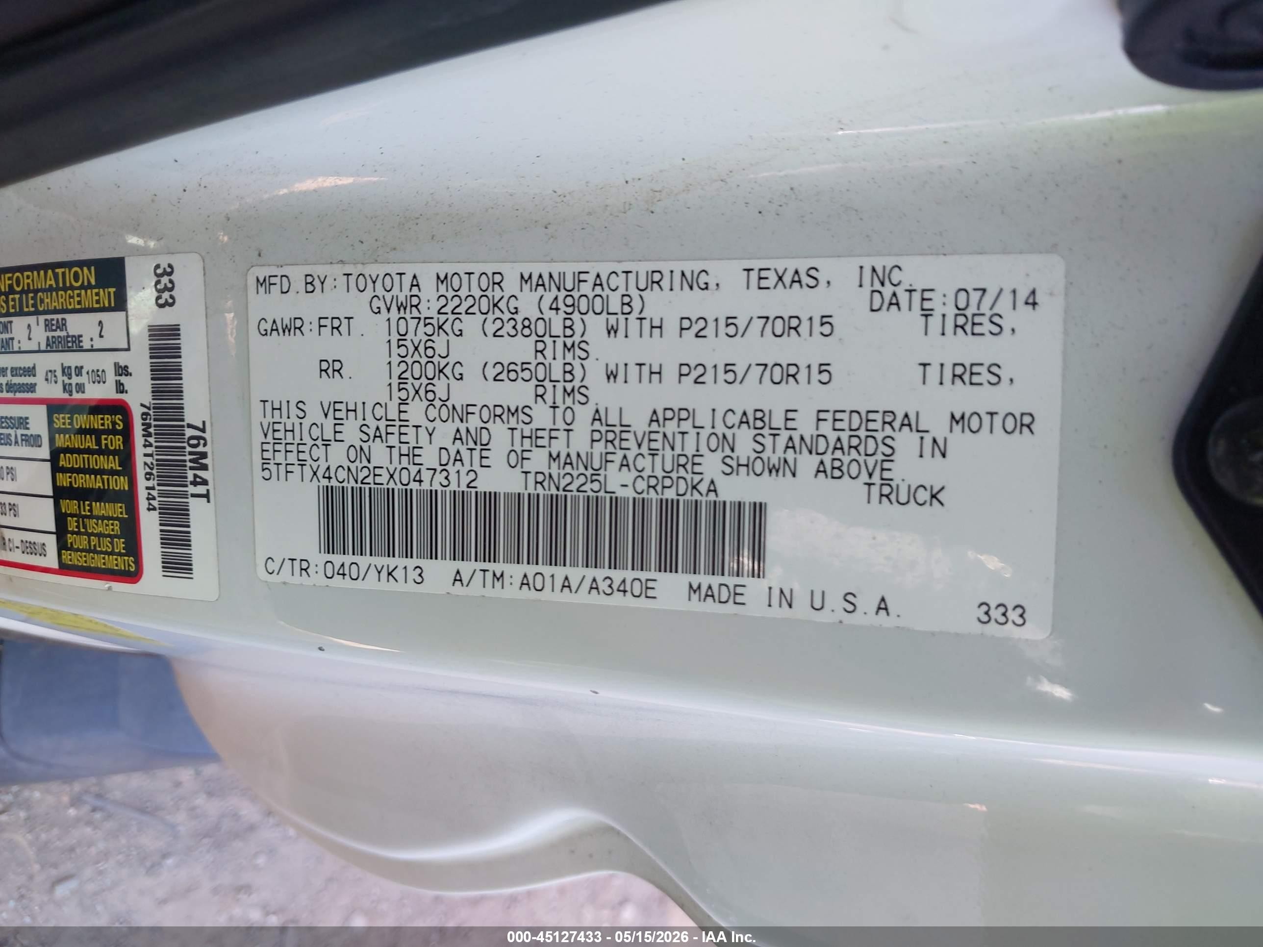 2014 Toyota Tacoma   White vin: 5TFTX4CN2EX047312