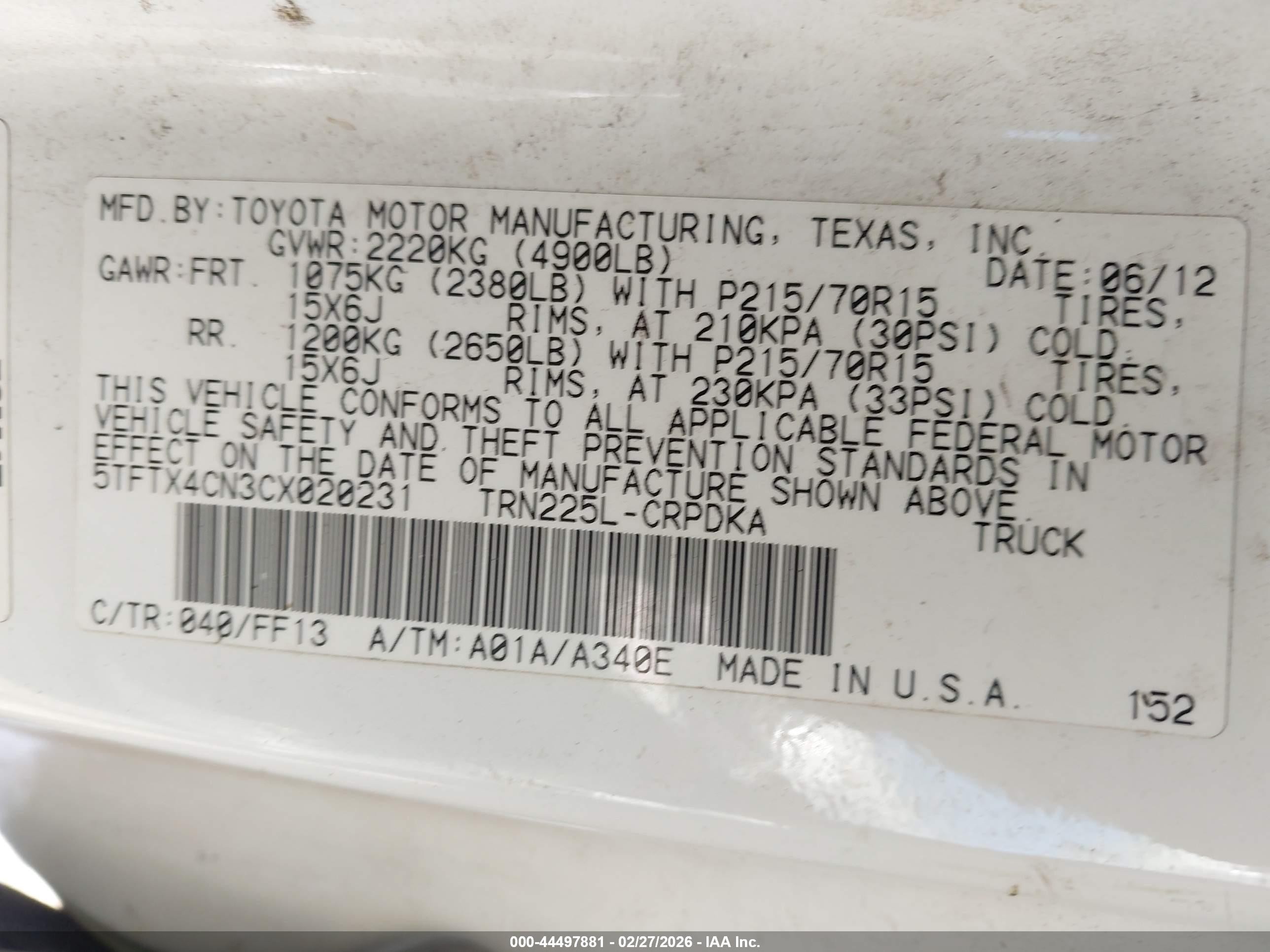 2012 Toyota Tacoma White vin: 5TFTX4CN3CX020231