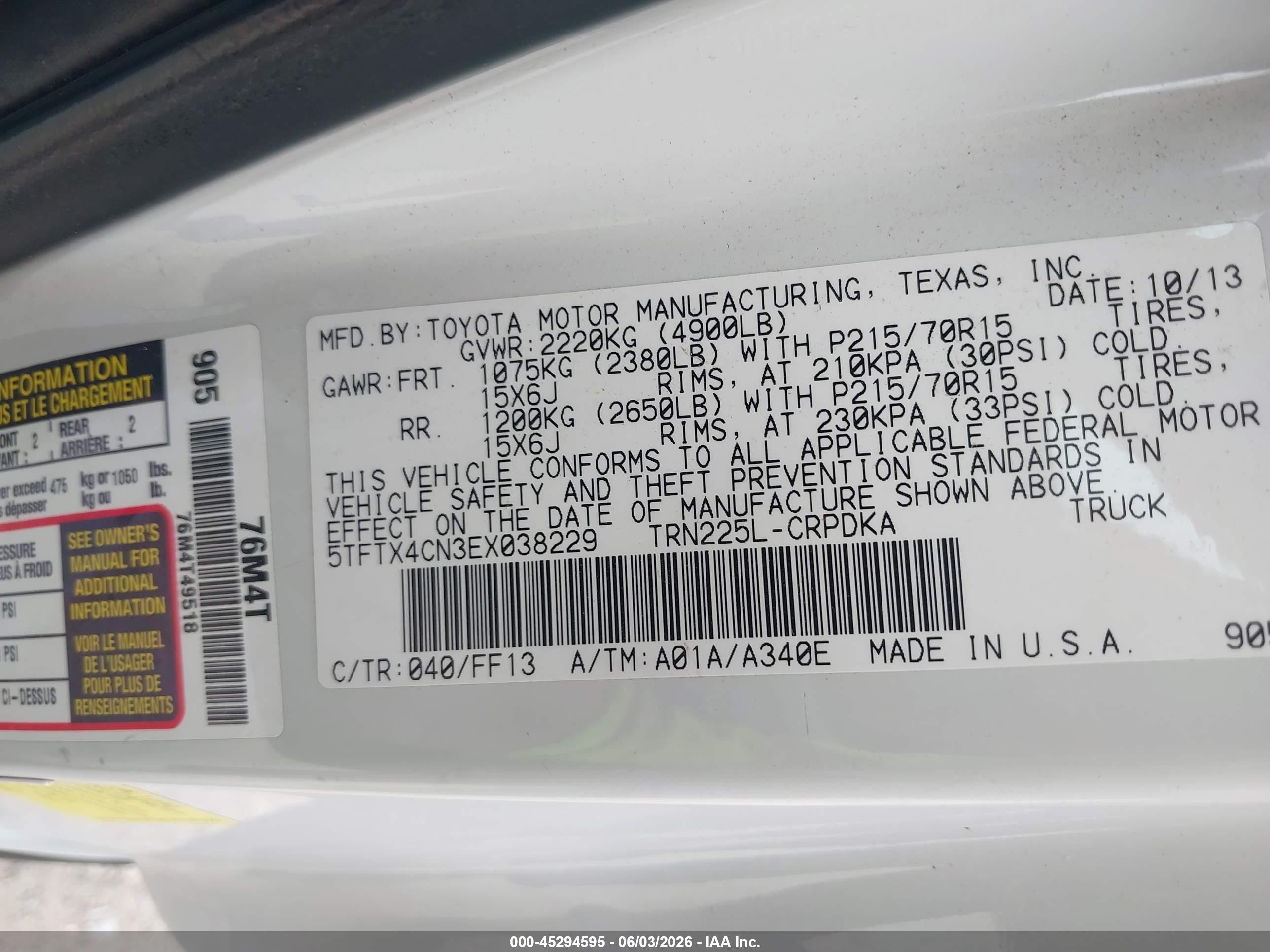 2014 Toyota Tacoma   White vin: 5TFTX4CN3EX038229