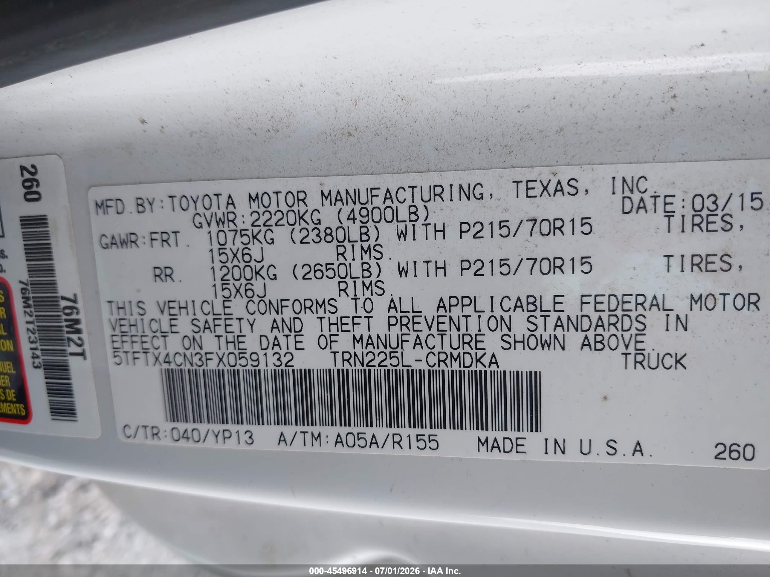 2015 Toyota Tacoma   White vin: 5TFTX4CN3FX059132