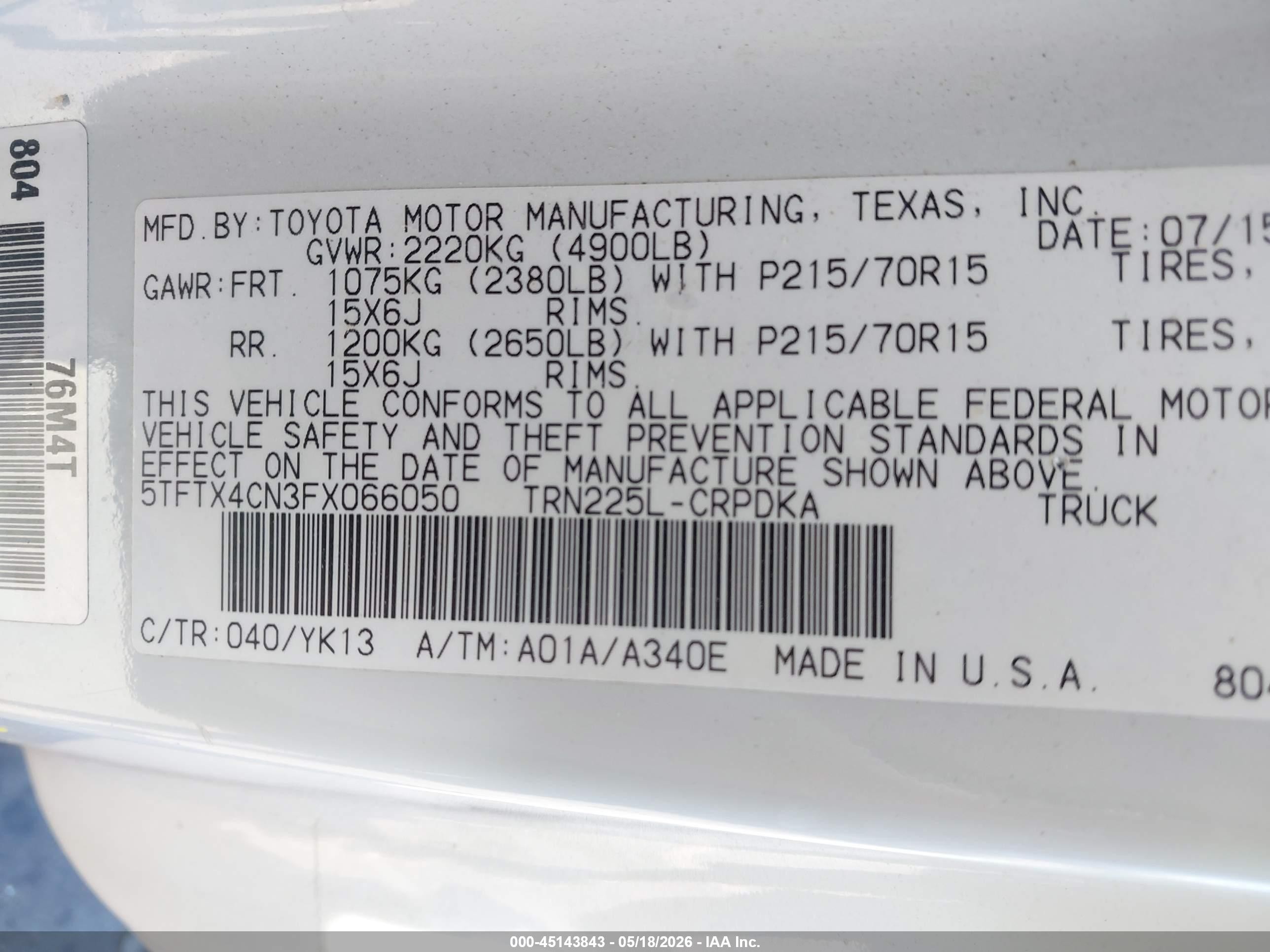 2015 Toyota Tacoma   White vin: 5TFTX4CN3FX066050