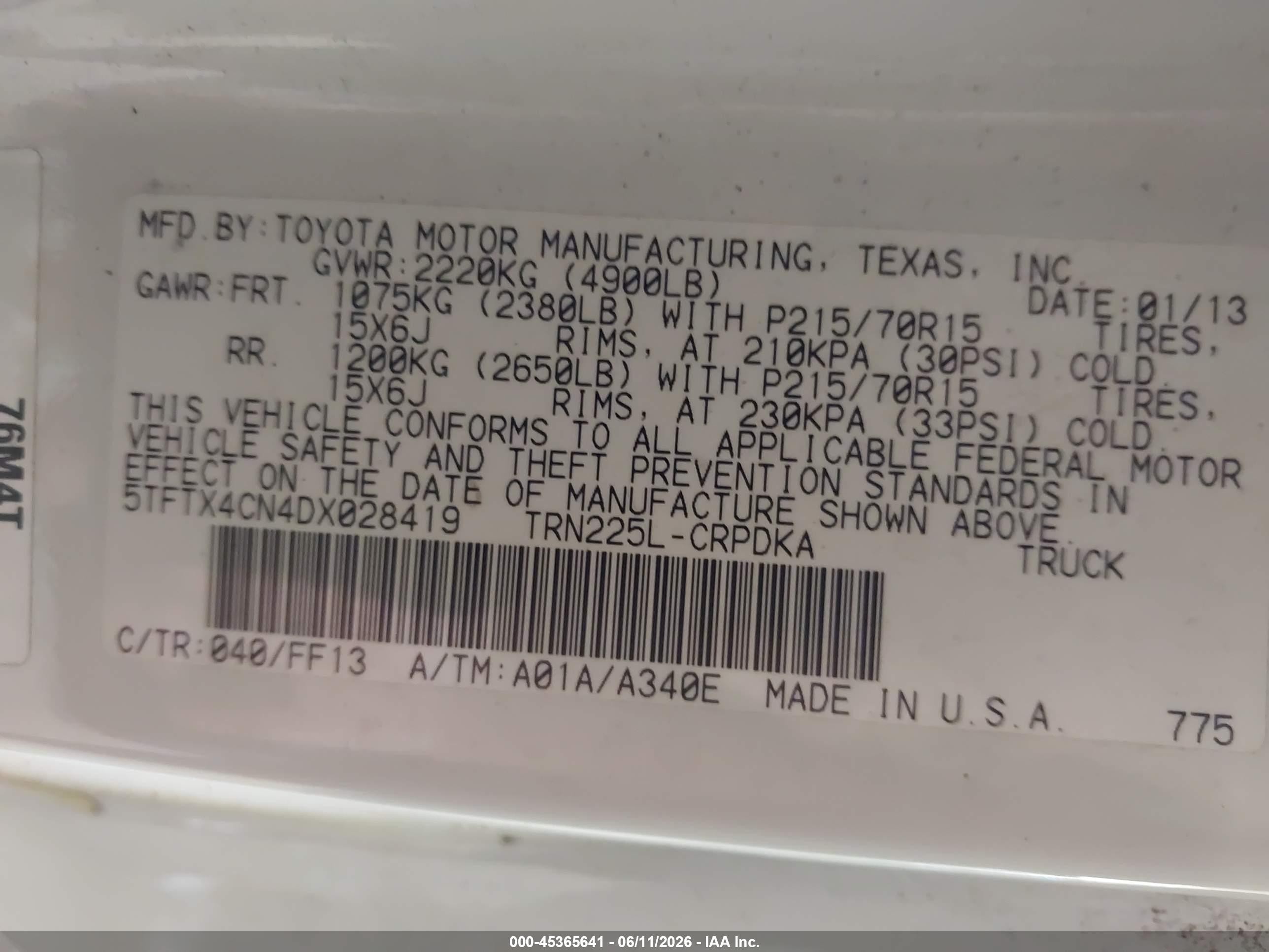 2013 Toyota Tacoma   White vin: 5TFTX4CN4DX028419