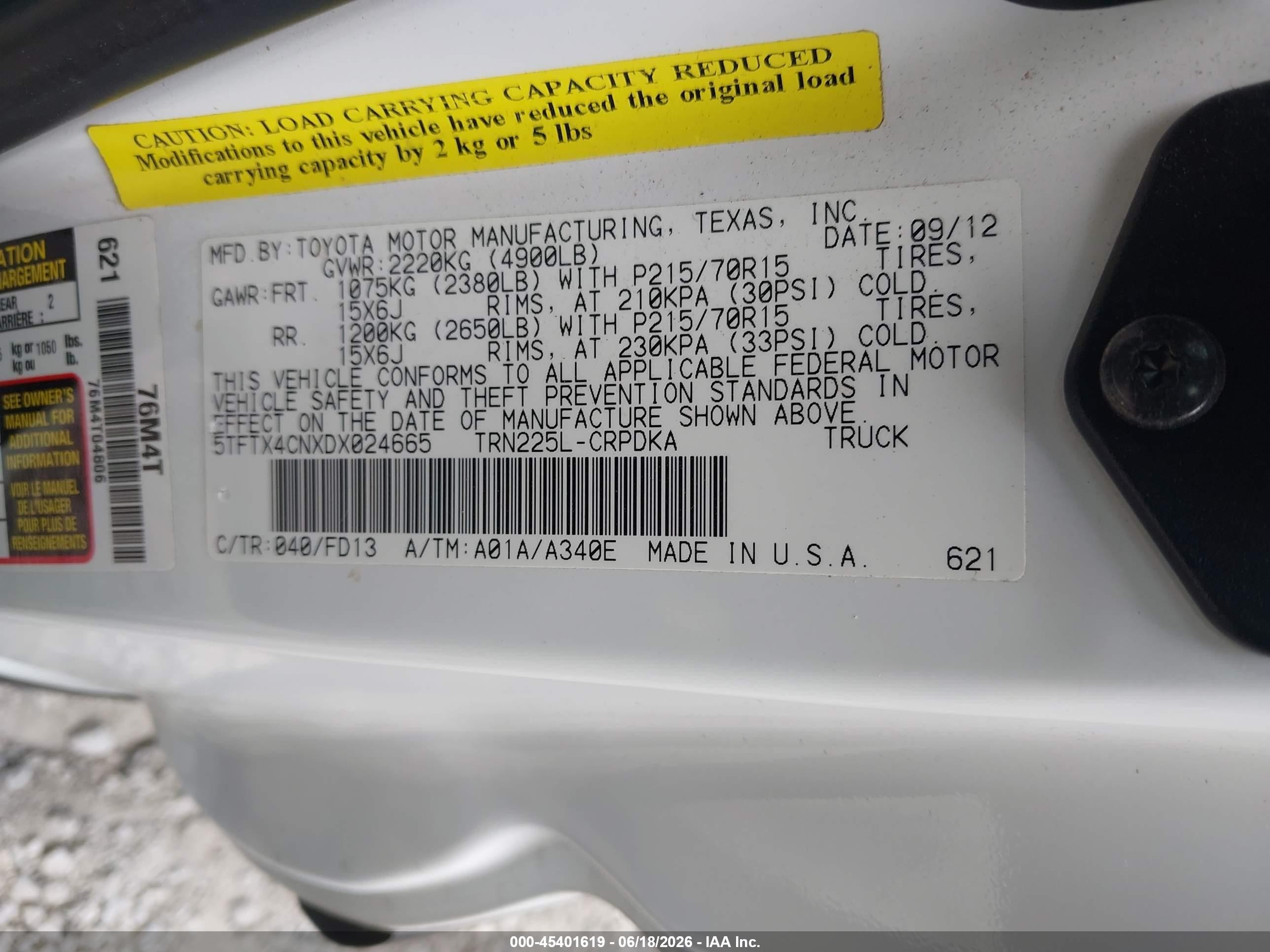 2013 Toyota Tacoma   White vin: 5TFTX4CNXDX024665