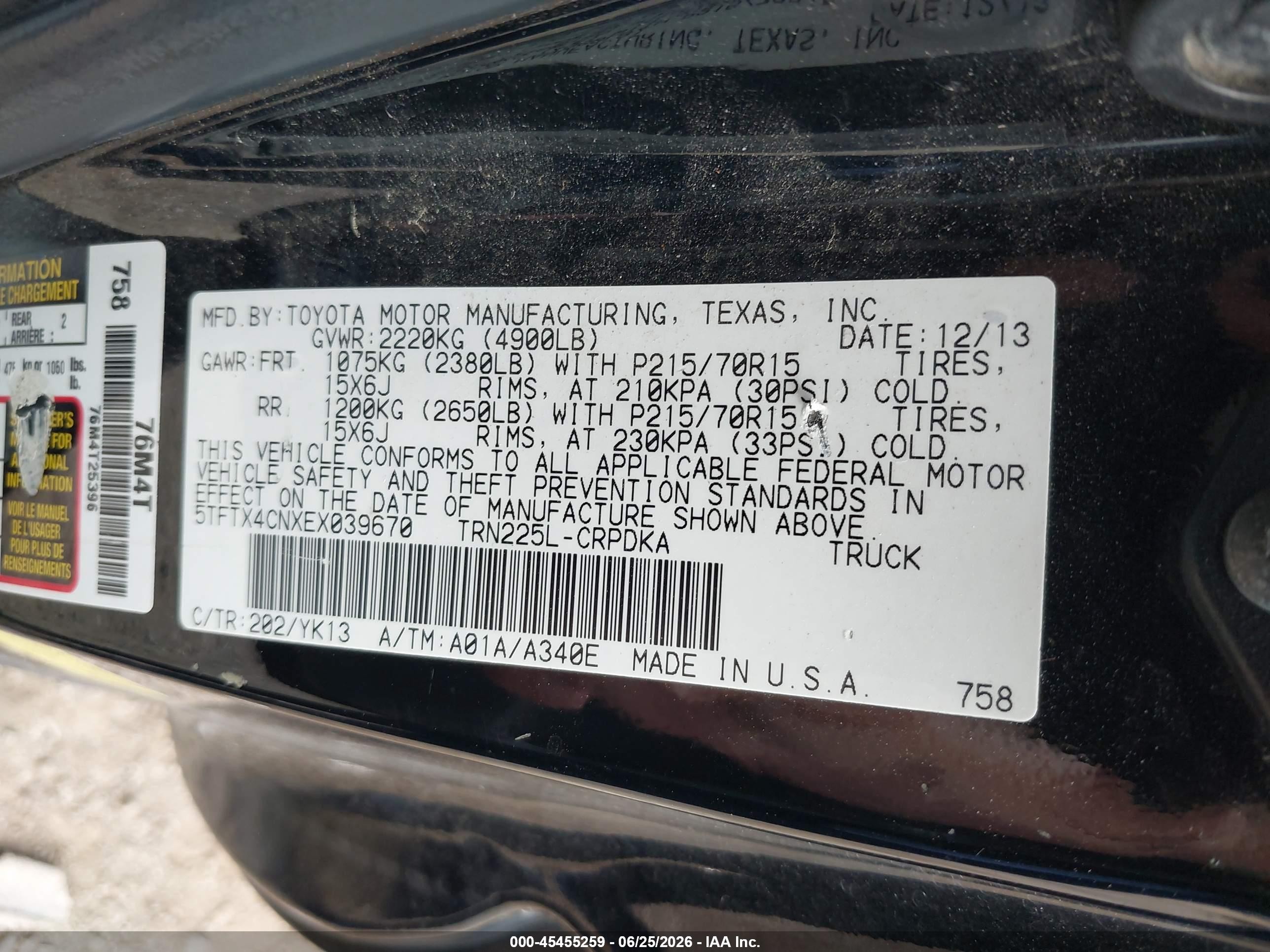 2014 Toyota Tacoma   Black vin: 5TFTX4CNXEX039670