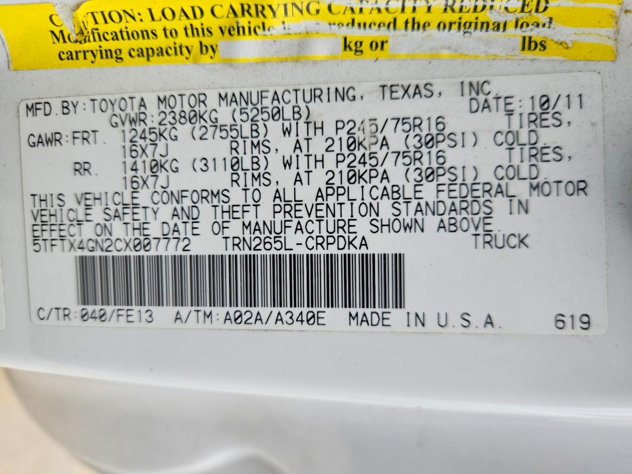 2012 Toyota Tacoma Prerunner Access Cab White vin: 5TFTX4GN2CX007772