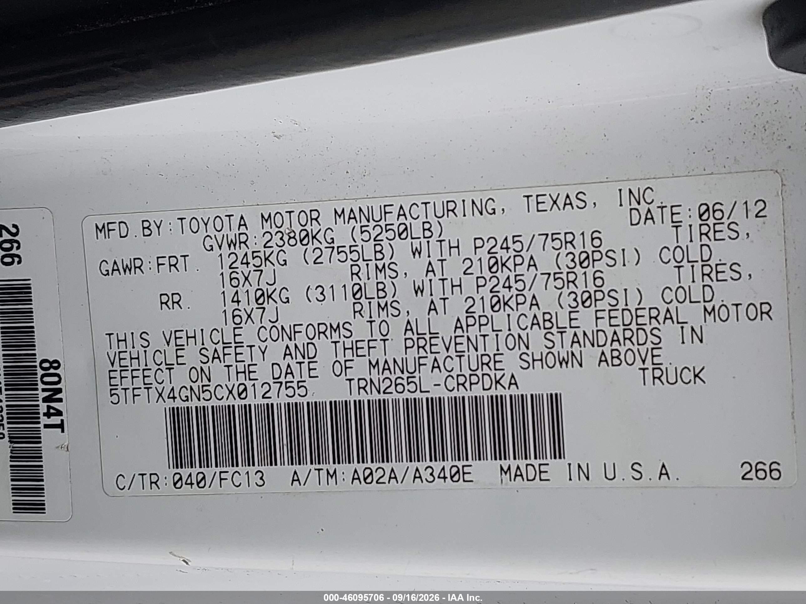 2012 Toyota Tacoma Prerunner White vin: 5TFTX4GN5CX012755