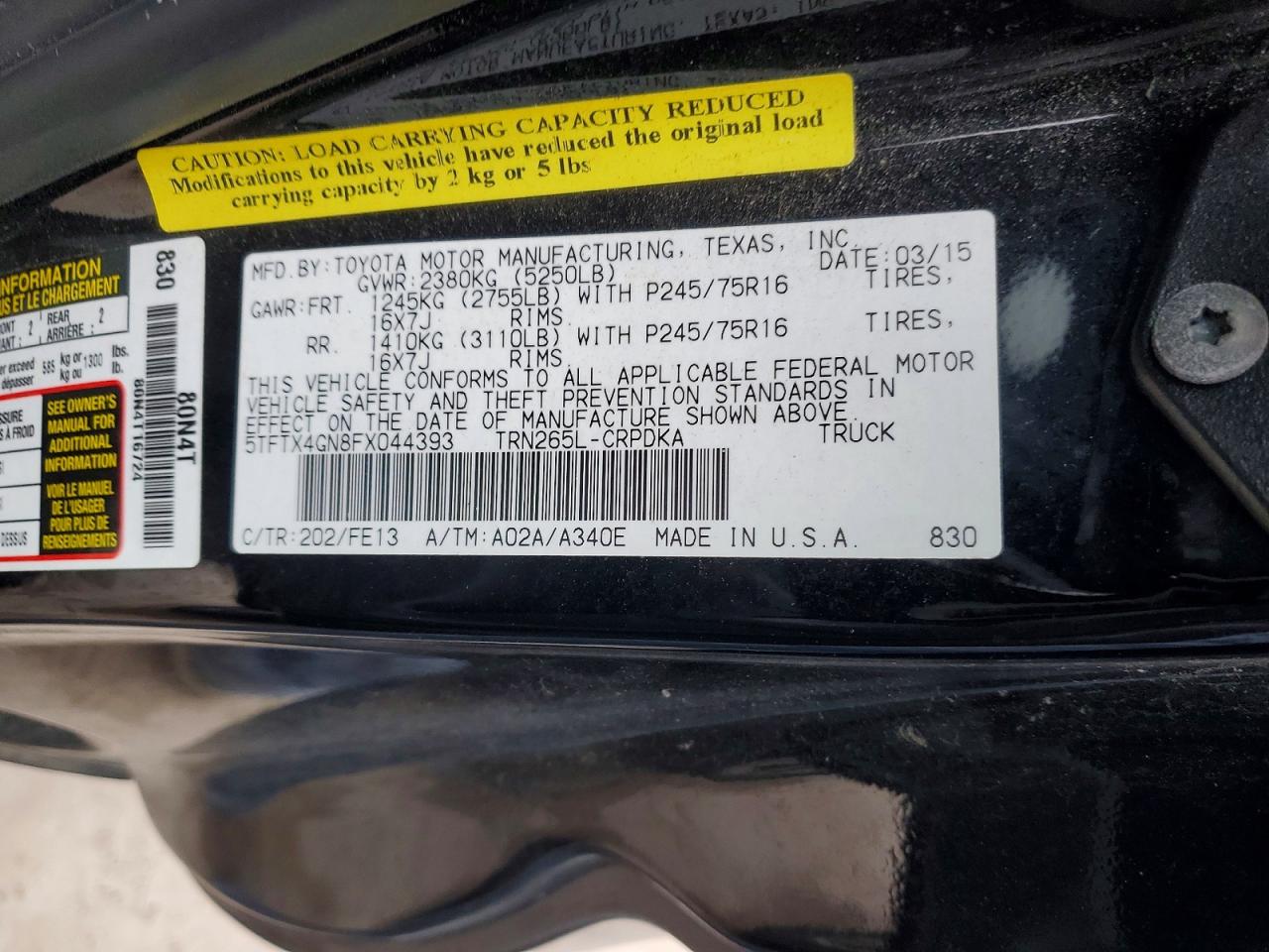 2015 Toyota Tacoma Prerunner Access Cab Black vin: 5TFTX4GN8FX044393