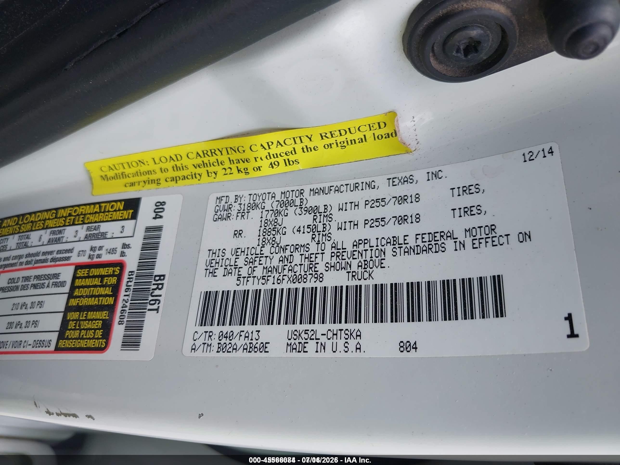 2015 Toyota Tundra Sr 5.7l V8 White vin: 5TFTY5F16FX008798