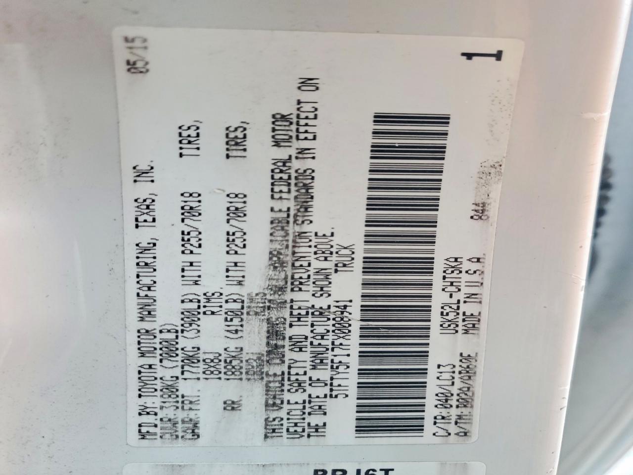 2015 Toyota Tundra Sr White vin: 5TFTY5F17FX008941