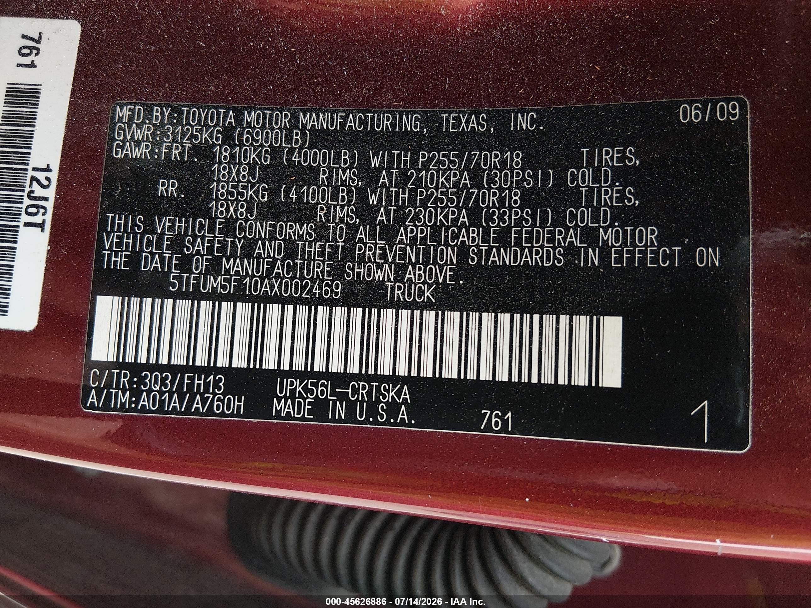 2010 Toyota Tundra Grade 4.6l V8 Red vin: 5TFUM5F10AX002469