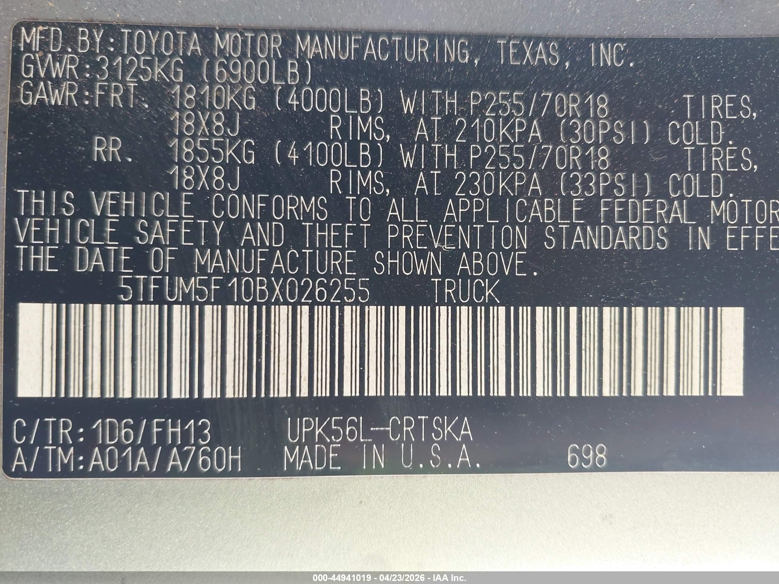 2011 Toyota Tundra Grade 4.6l V8 Серебряный vin: 5TFUM5F10BX026255