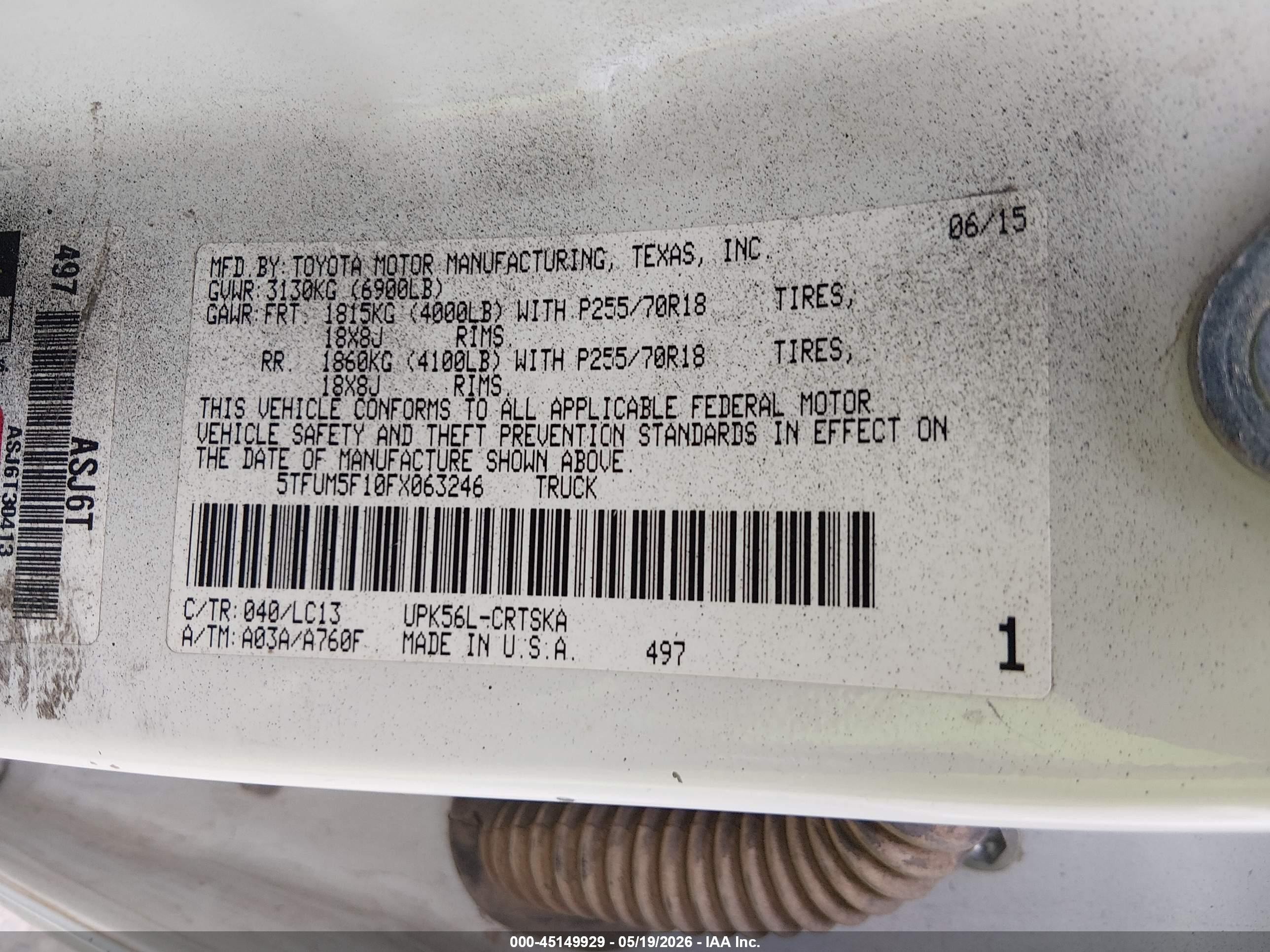 2015 Toyota Tundra Sr 4.6l V8 White vin: 5TFUM5F10FX063246