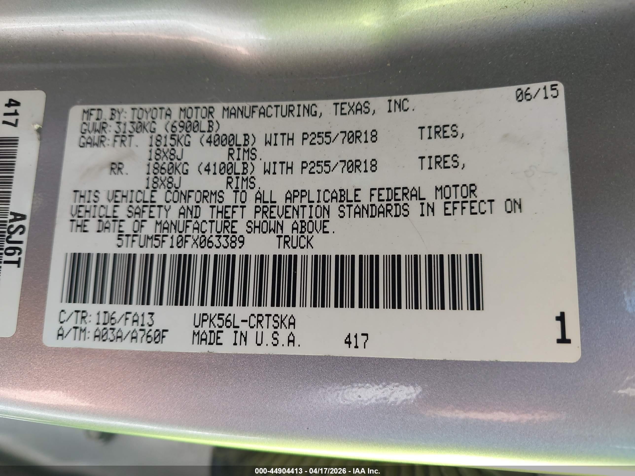 2015 Toyota Tundra Sr 4.6l V8 Серебряный vin: 5TFUM5F10FX063389
