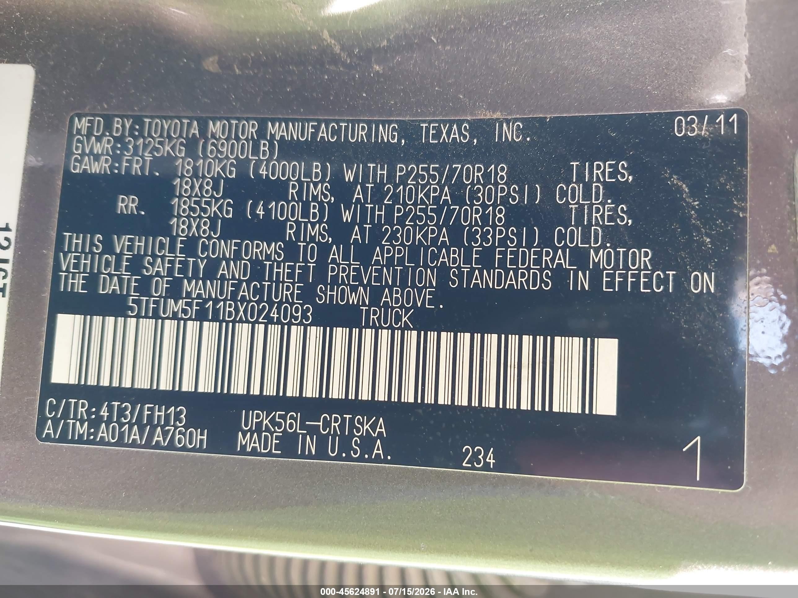 2011 Toyota Tundra Grade 4.6l V8 Brown vin: 5TFUM5F11BX024093