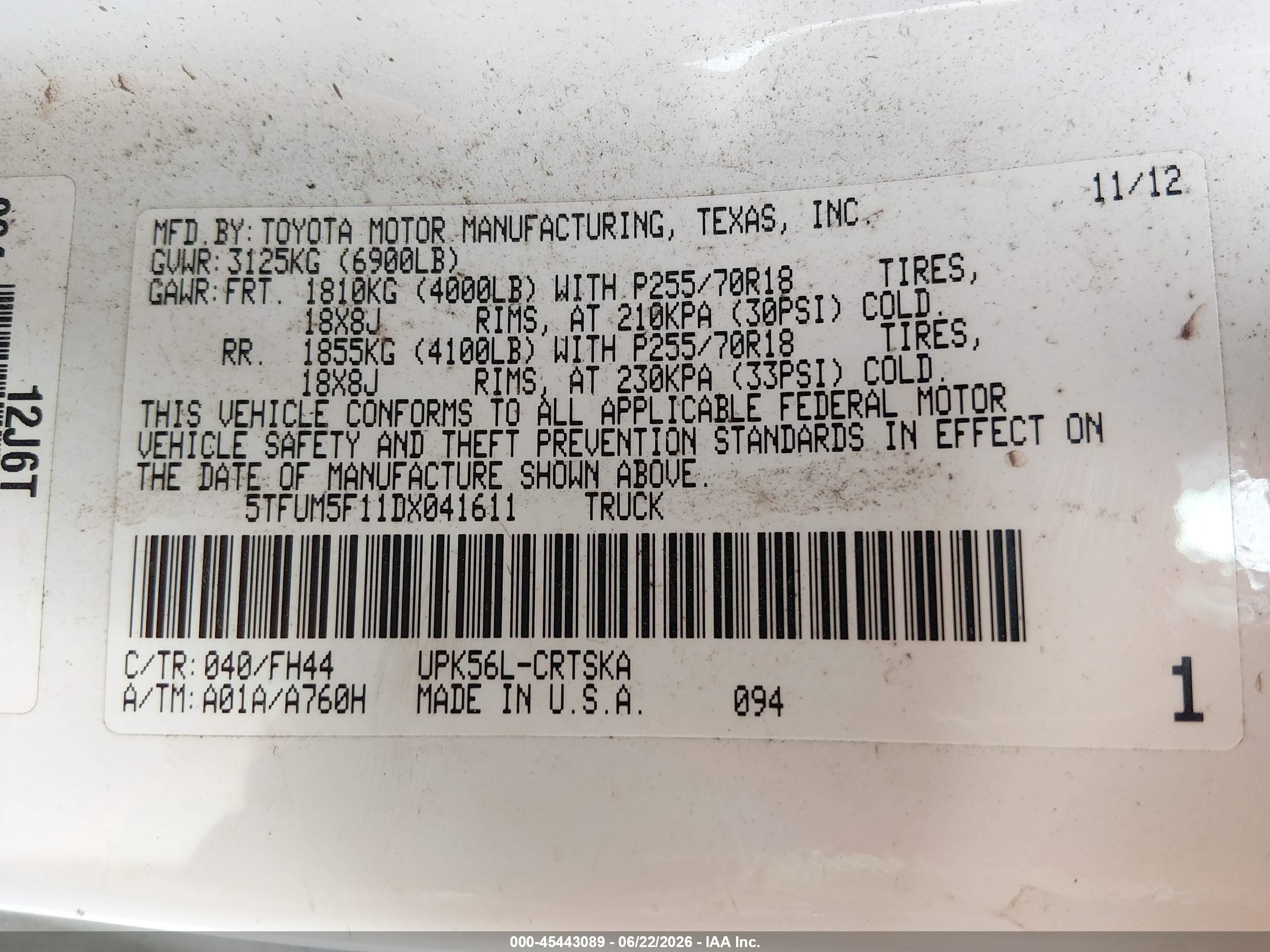 2013 Toyota Tundra Grade 4.6l V8 Белый vin: 5TFUM5F11DX041611