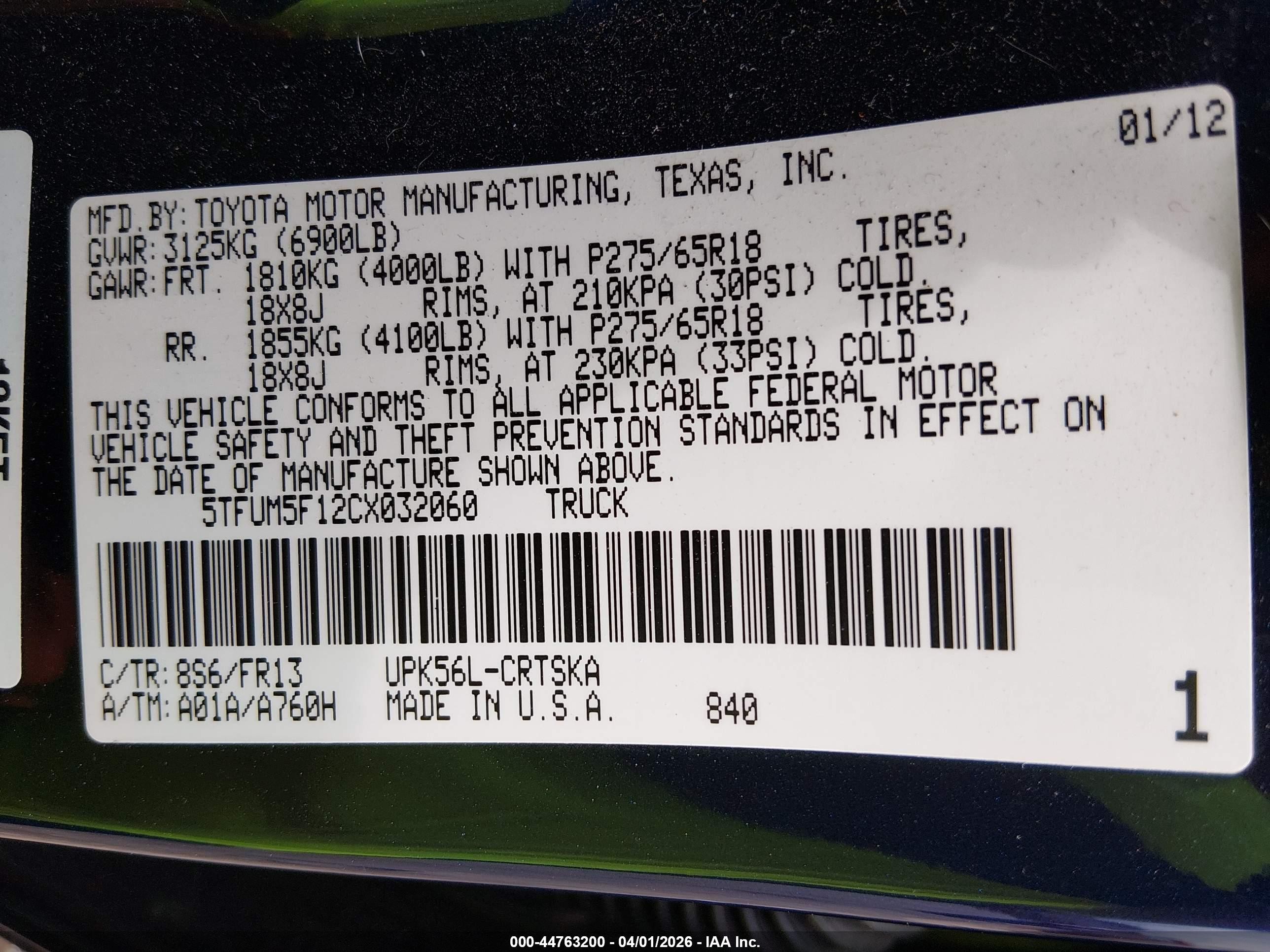 2012 Toyota Tundra Grade 4.6l V8 Blue vin: 5TFUM5F12CX032060