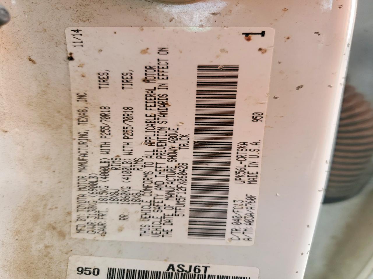 2015 Toyota Tundra Sr5 White vin: 5TFUM5F12FX060428