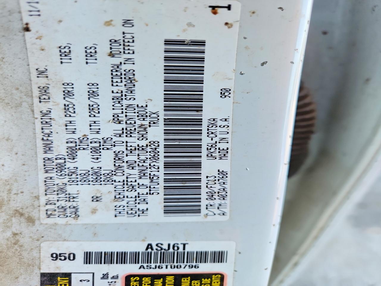 2015 Toyota Tundra Sr5 White vin: 5TFUM5F12FX060428