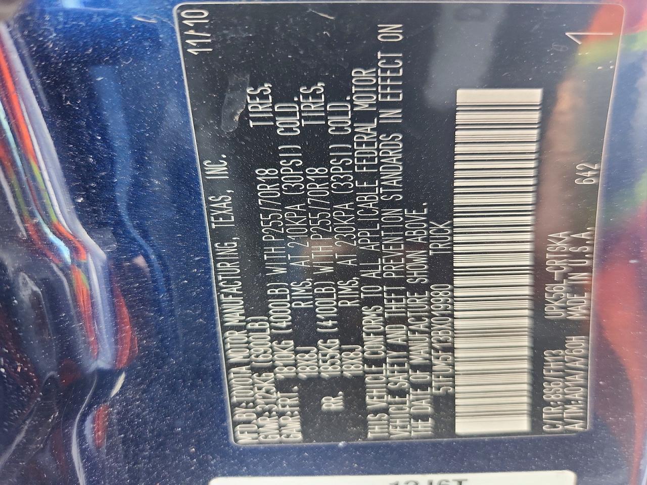 2011 Toyota Tundra Double Cab Sr5 Blue vin: 5TFUM5F13BX019980