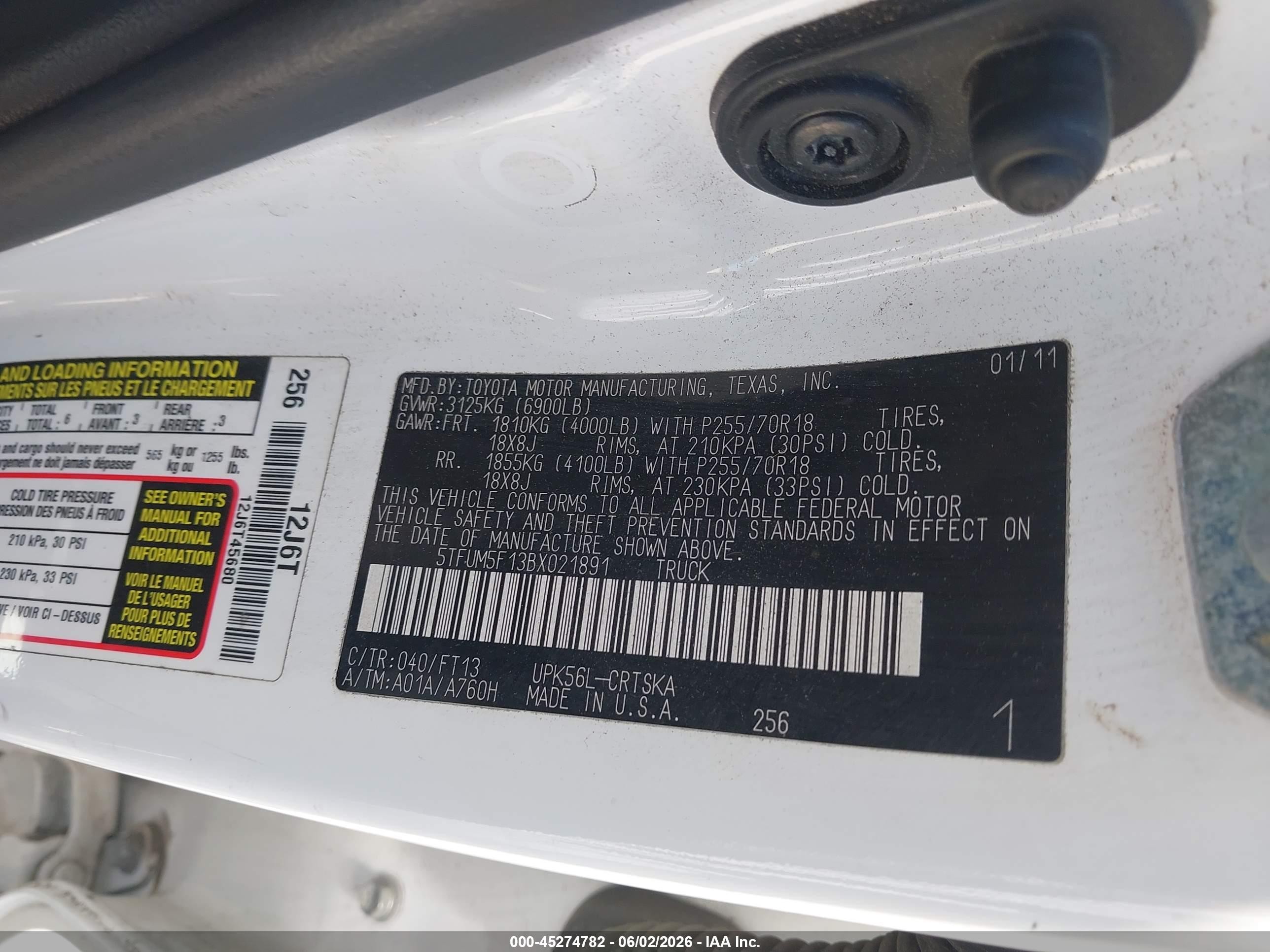 2011 Toyota Tundra Grade 4.6l V8 Белый vin: 5TFUM5F13BX021891