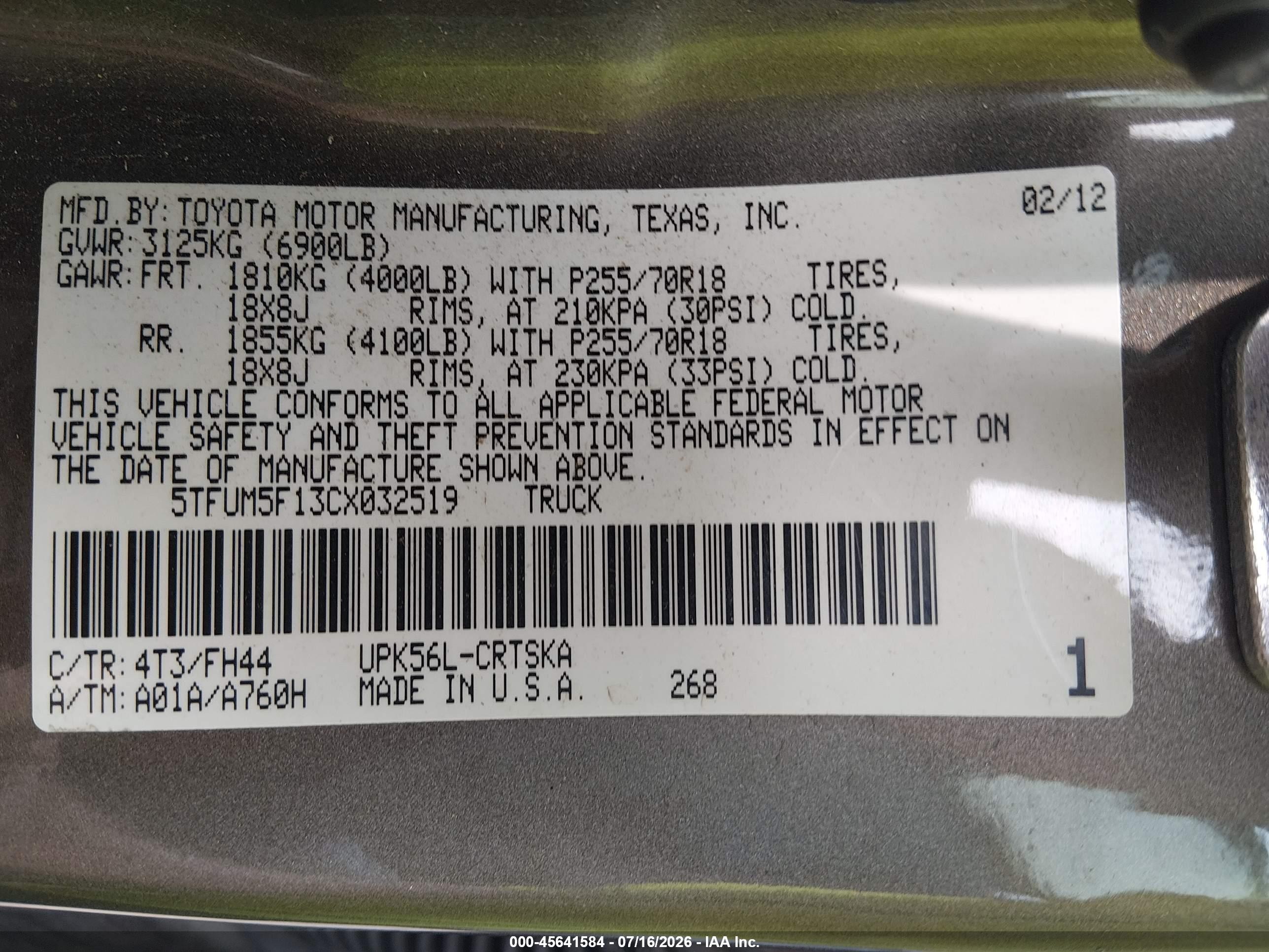 2012 Toyota Tundra Grade 4.6l V8 Brown vin: 5TFUM5F13CX032519