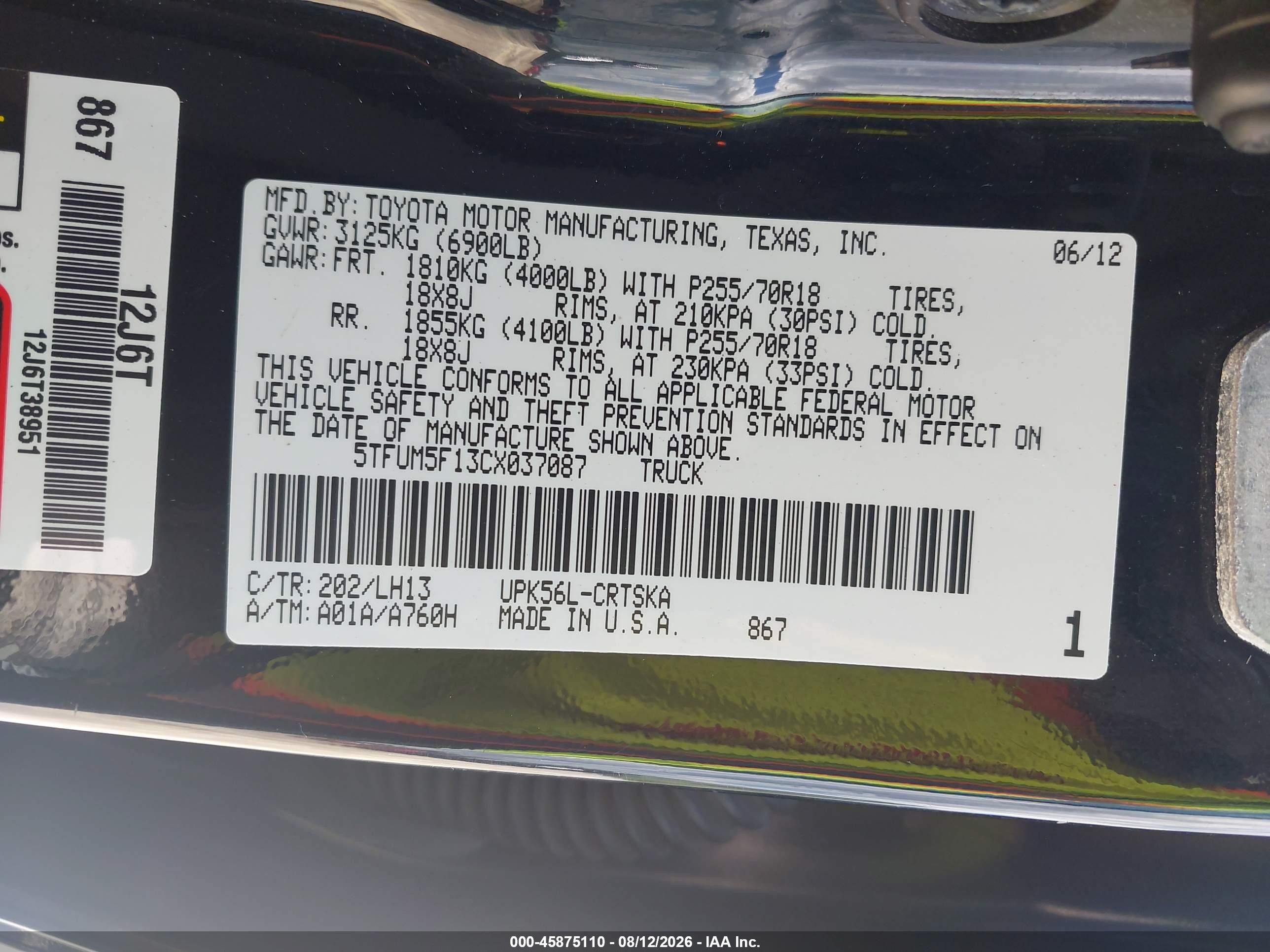2012 Toyota Tundra Grade 4.6l V8 Black vin: 5TFUM5F13CX037087